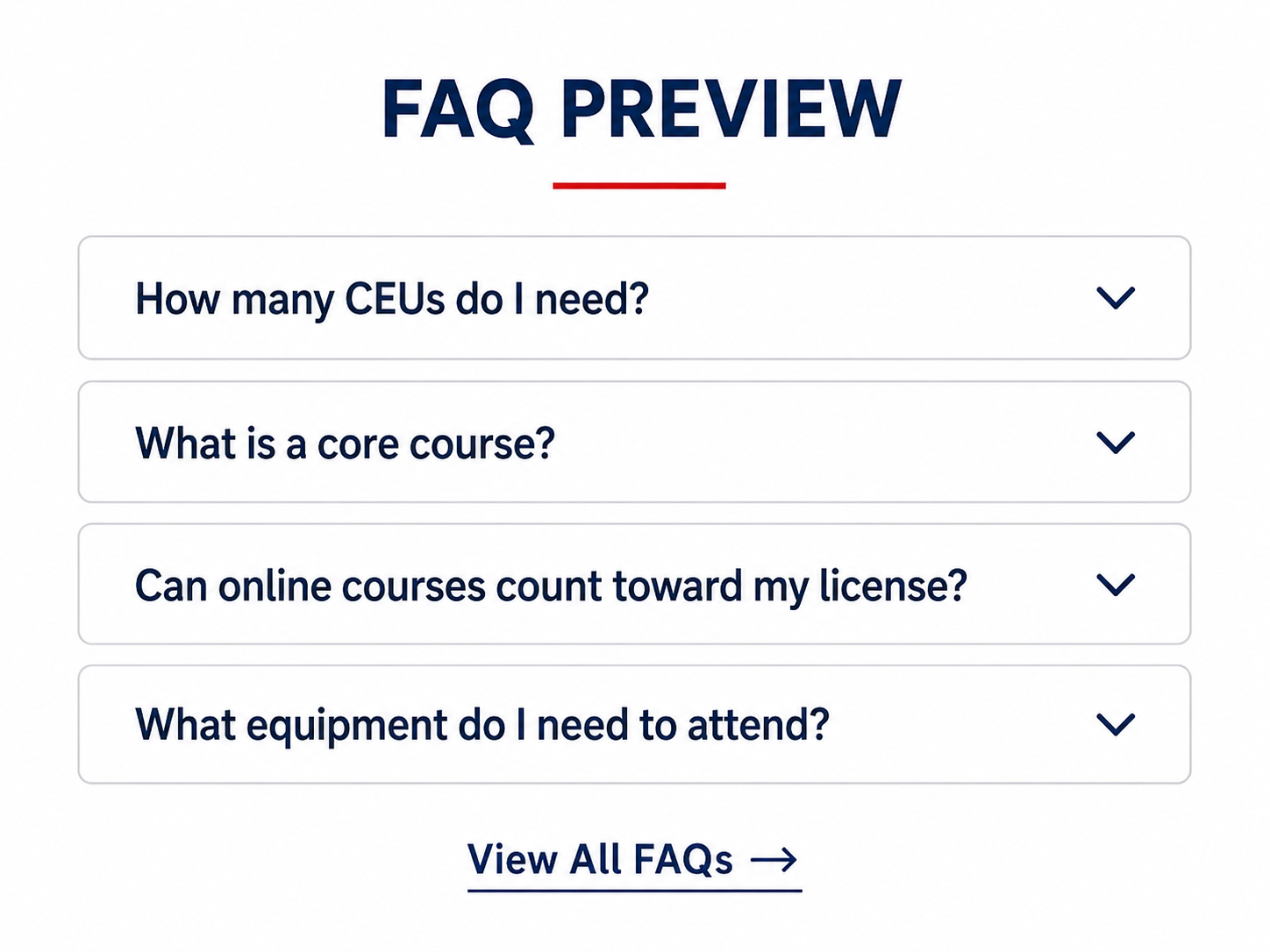 Screenshot of FAQ section with questions about CEUs, core courses, online courses, equipment needed, and link to view all FAQs.