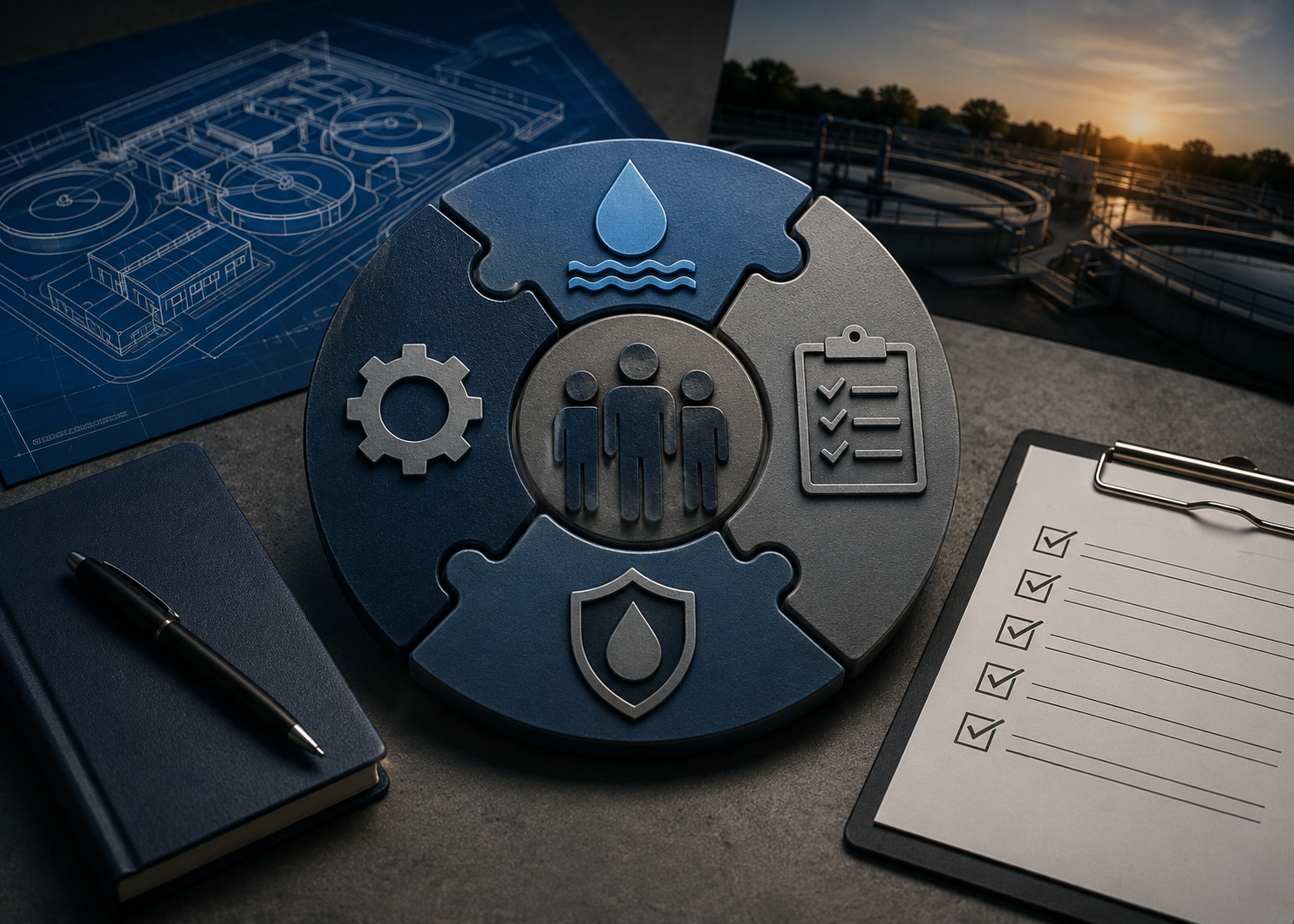 A circular infographic with icons representing water, gear, shield, and checklist surrounding a central icon of three people, on a desk next to a notebook with a pen, and a blueprint of an industrial plant in the background.