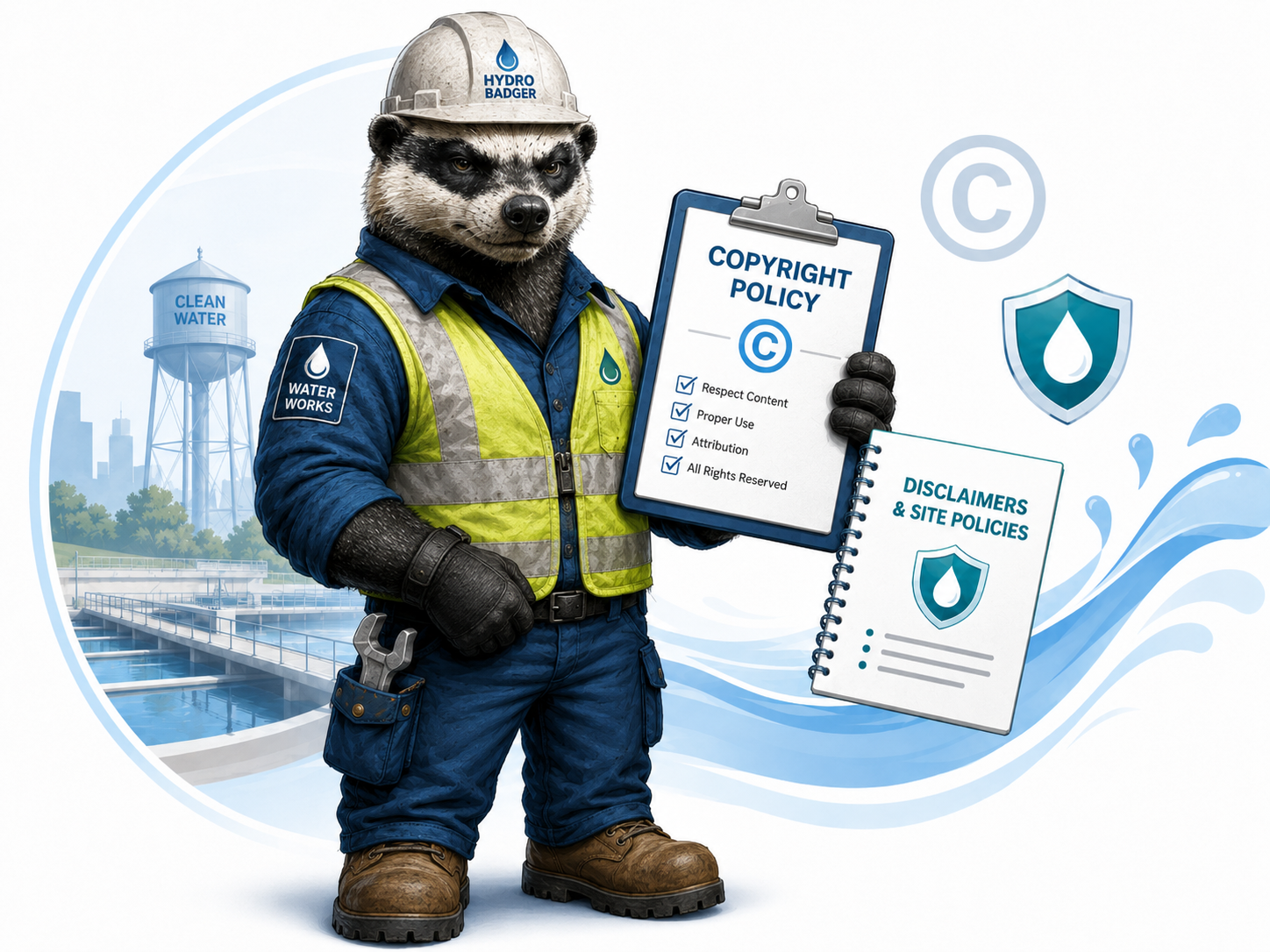 An animated character of a raccoon dressed as a water treatment worker, wearing a safety vest and a hard hat labeled 'Hydro Badger,' holding a clipboard with water policy documents, with a water treatment plant and water tower in the background.