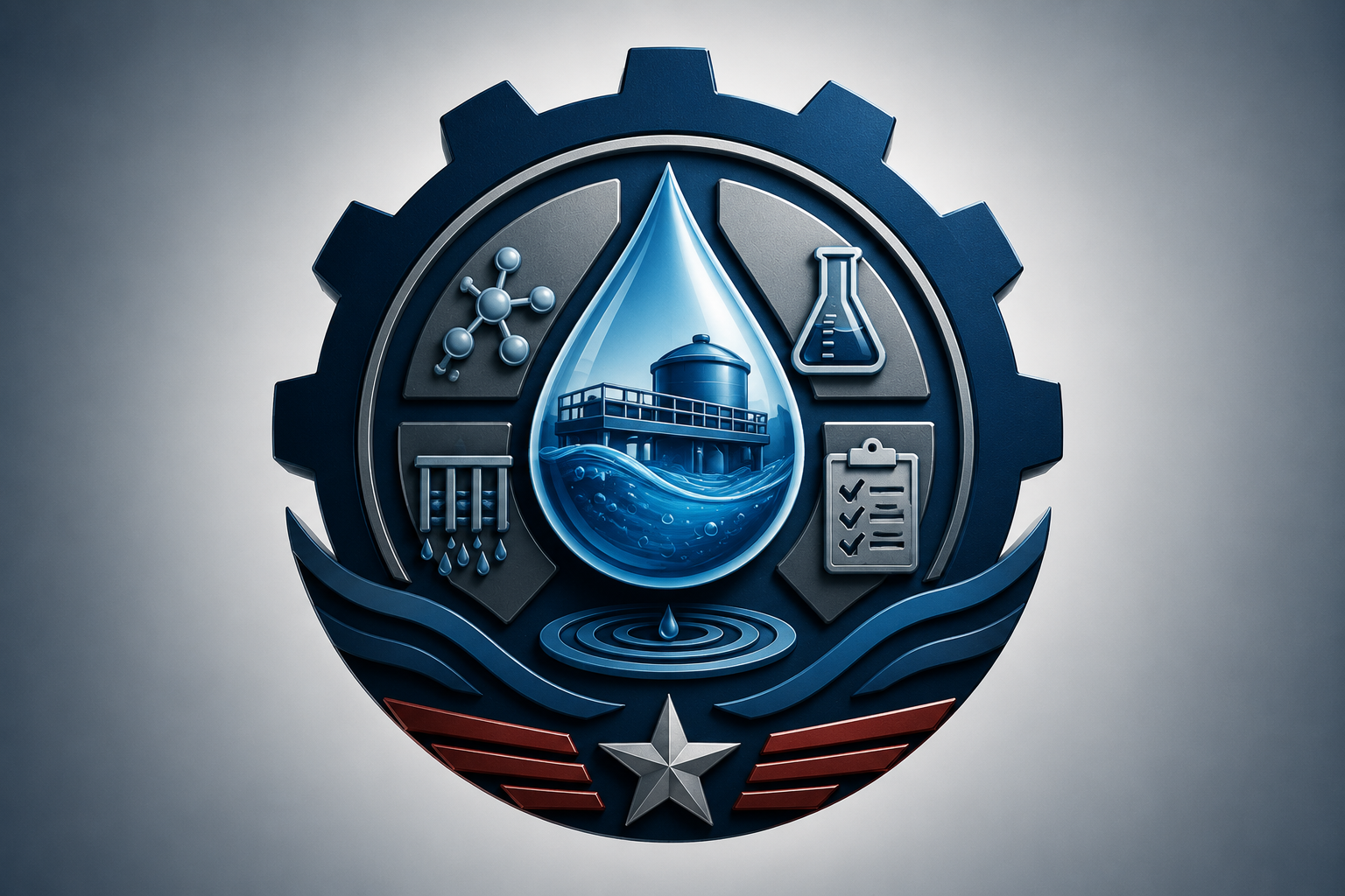 A badge or emblem featuring a central water droplet with a water facility inside, surrounded by symbols of science and monitoring such as molecules, a beaker, a checklist, and water drops with a gear and star at the bottom, representing water management and science.