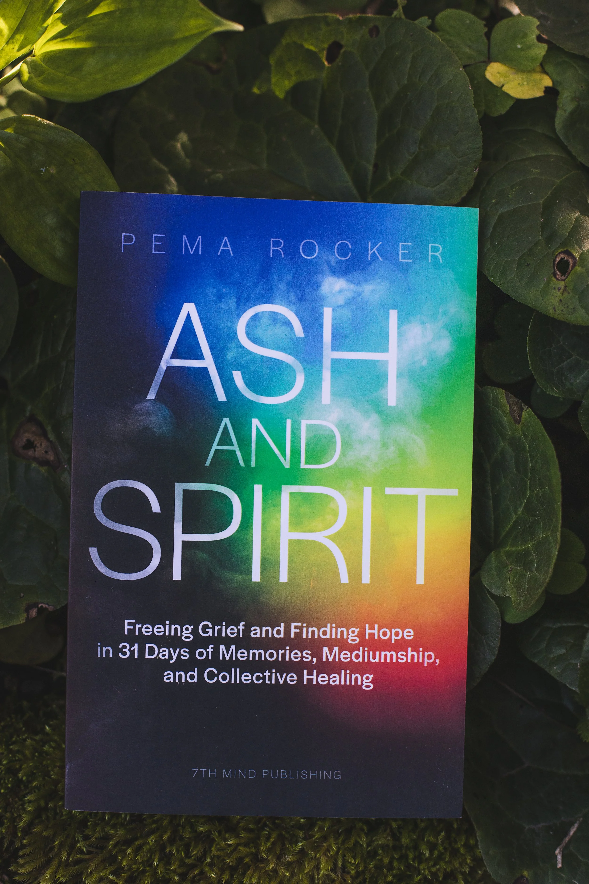 Book cover titled "Ash and Spirit" by Pema Rooker, with a background of blue sky with clouds and gradient colors, placed among green leaves and moss plants.