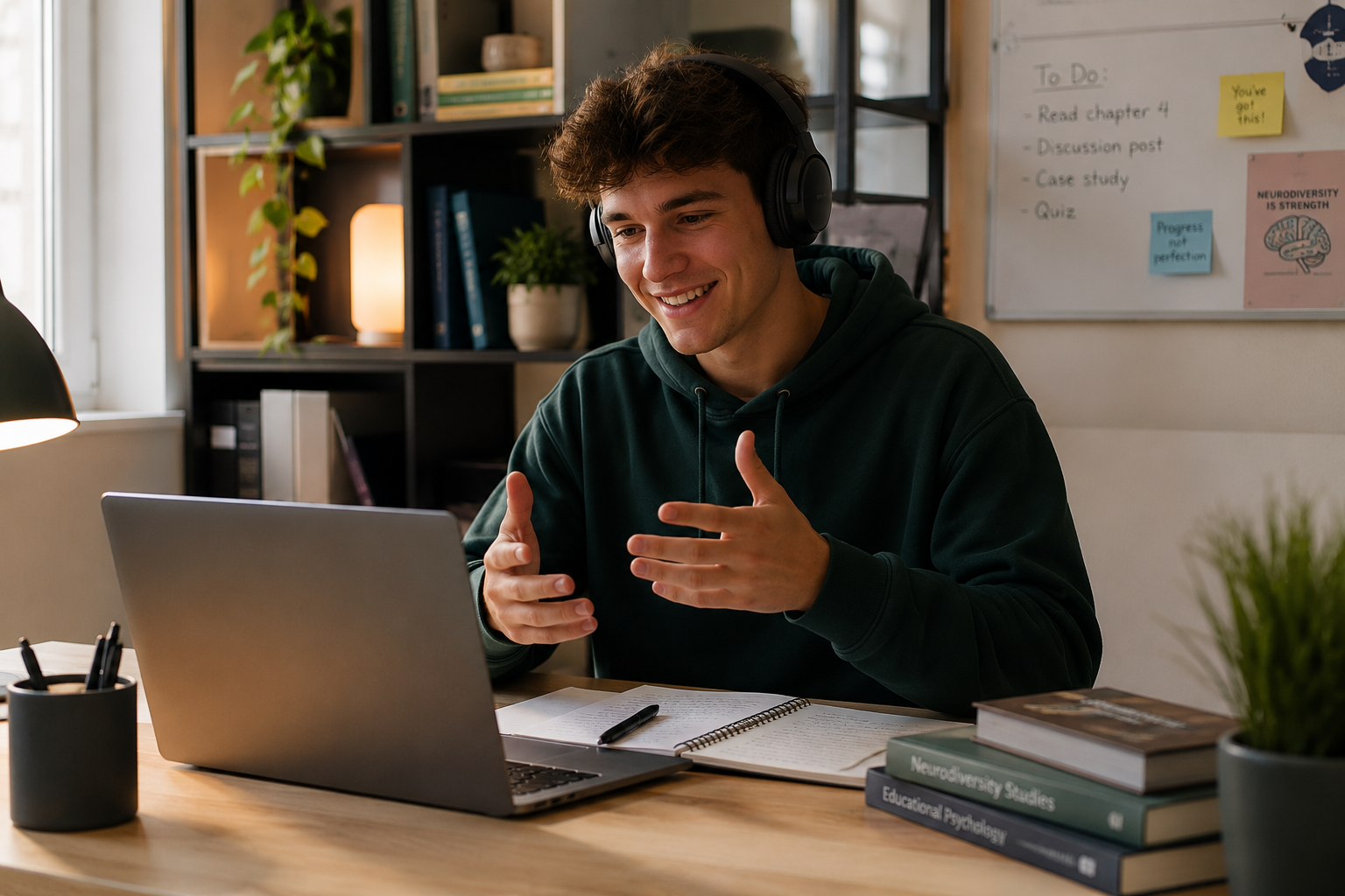 Young man wearing headphones smiling and gesturing during an online video call or class at a wooden desk with notebooks, books, and a laptop in a cozy home office.