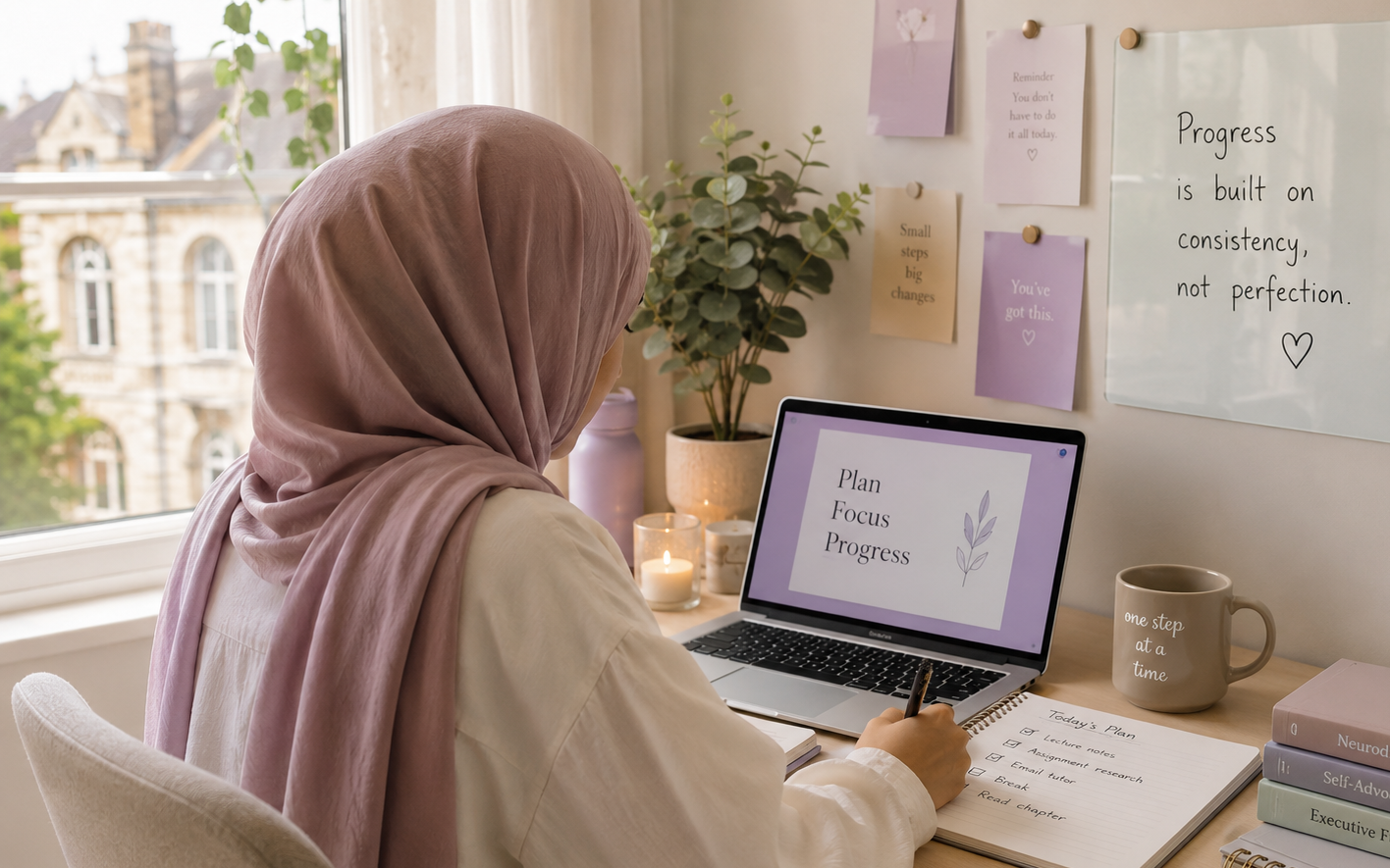 A woman with a pink hijab working at a desk with a laptop, notebook, candle, and mug, shortly gazing at a window with a cityscape view, surrounded by motivational quotes and notes on the wall.