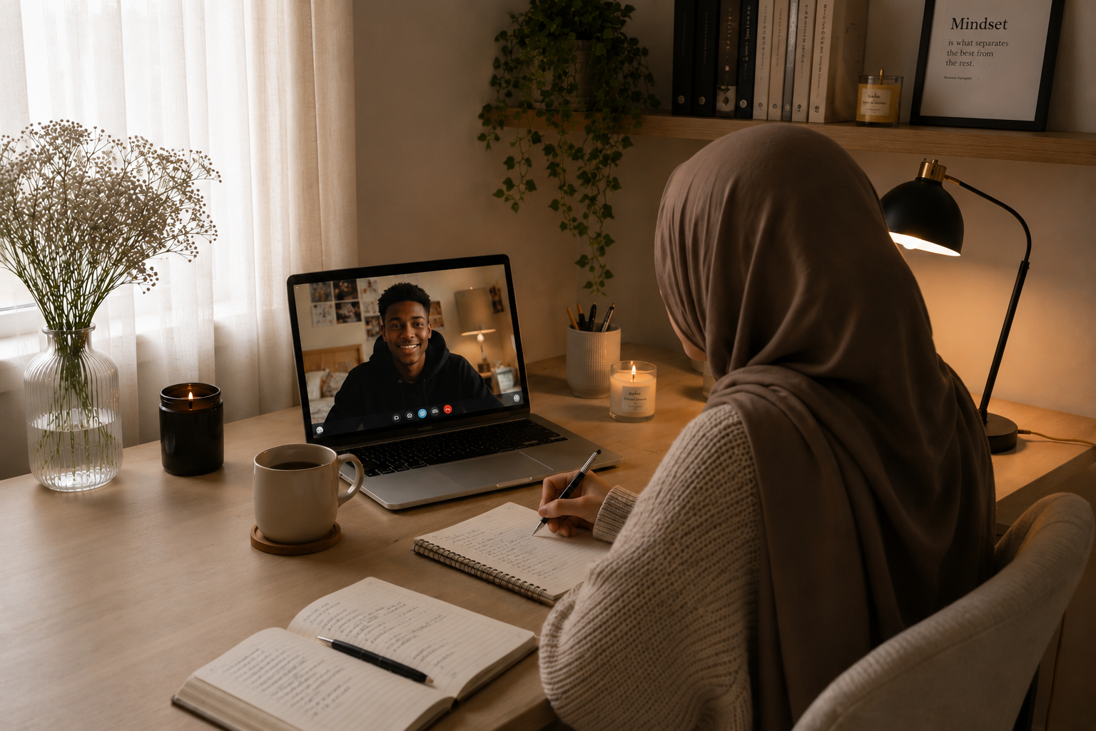 Woman sitting at a desk in a cozy room, taking notes while participating in a video call on her laptop with a smiling young man.
