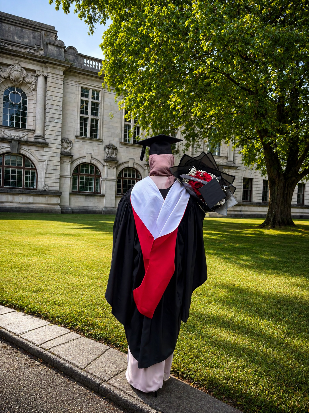 A person in graduation attire with a black cap and gown, a white and red sash, and a pink headscarf standing outdoors on a sidewalk near a grassy area and large tree, holding a bouquet of flowers in black wrapping paper.