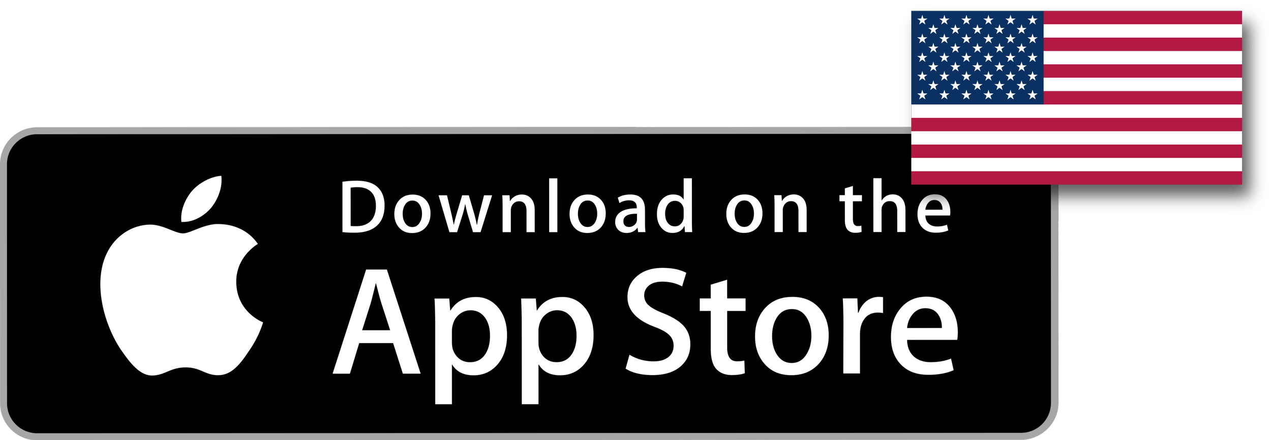 Black download button with white Apple logo and the text 'Download on the App Store' in white, with an American flag in the top right corner.