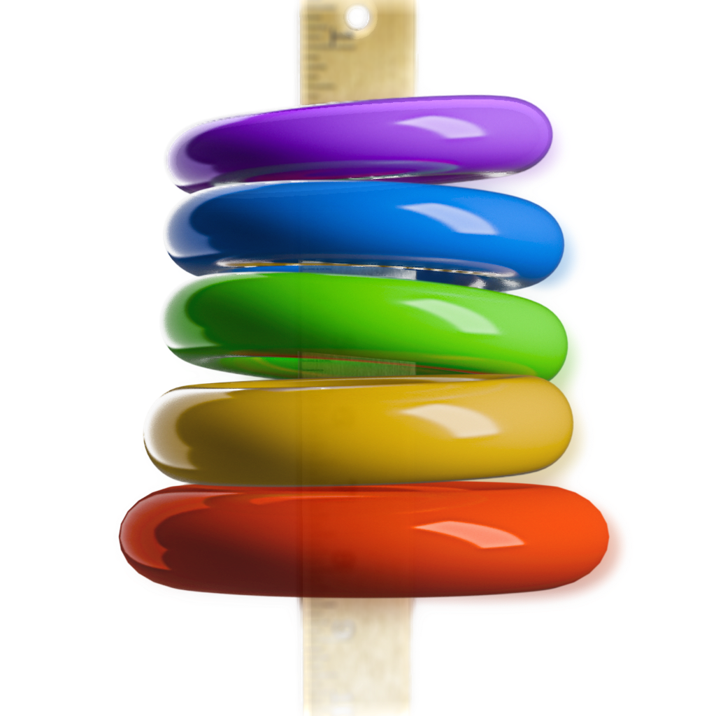 Colorful children's stacking toy on a ruler.