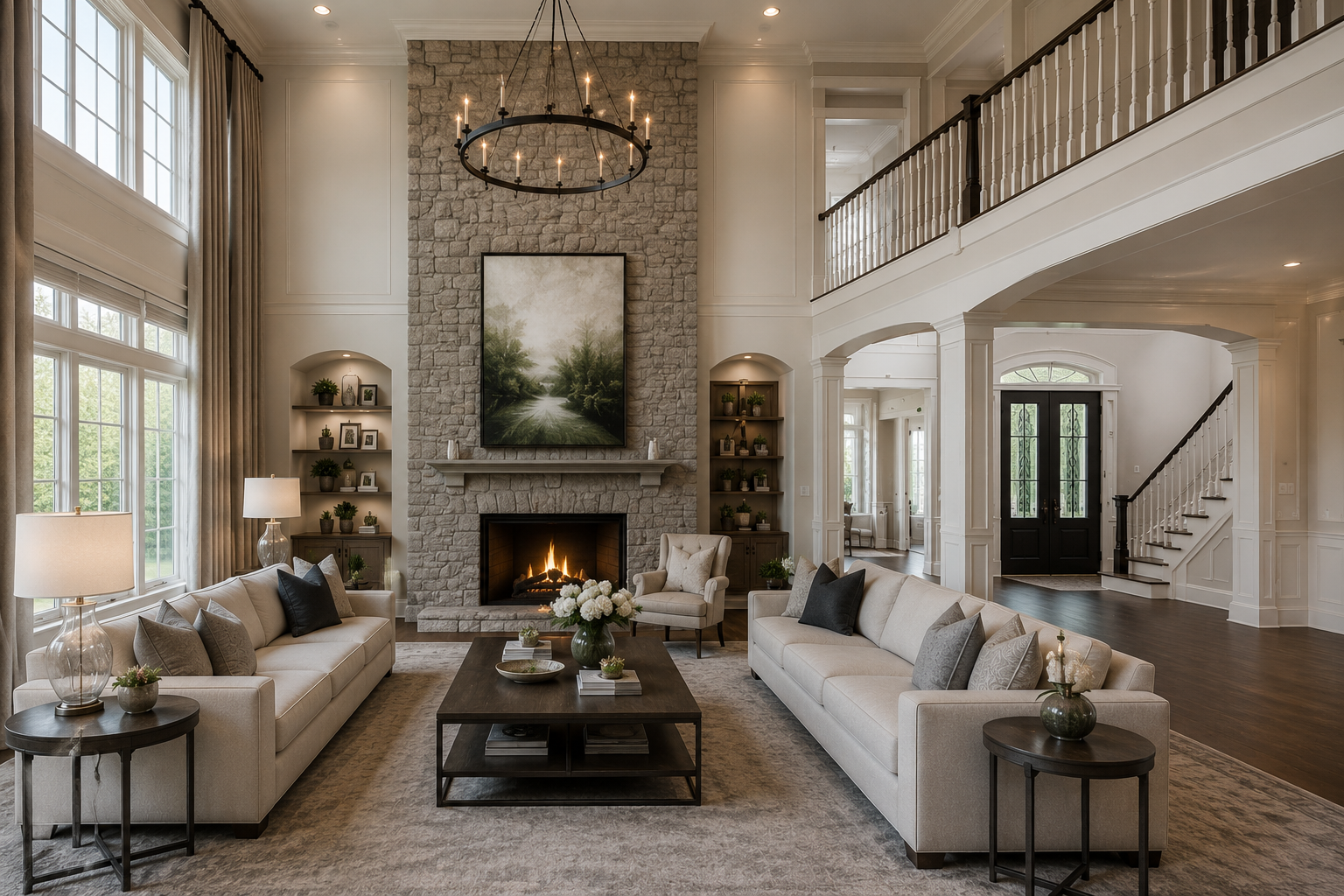 A spacious living room with a stone fireplace, large windows, two beige sofas, a coffee table, and decorative plants and items. There is a balcony overlooking the room and a staircase near the entrance with black front doors.