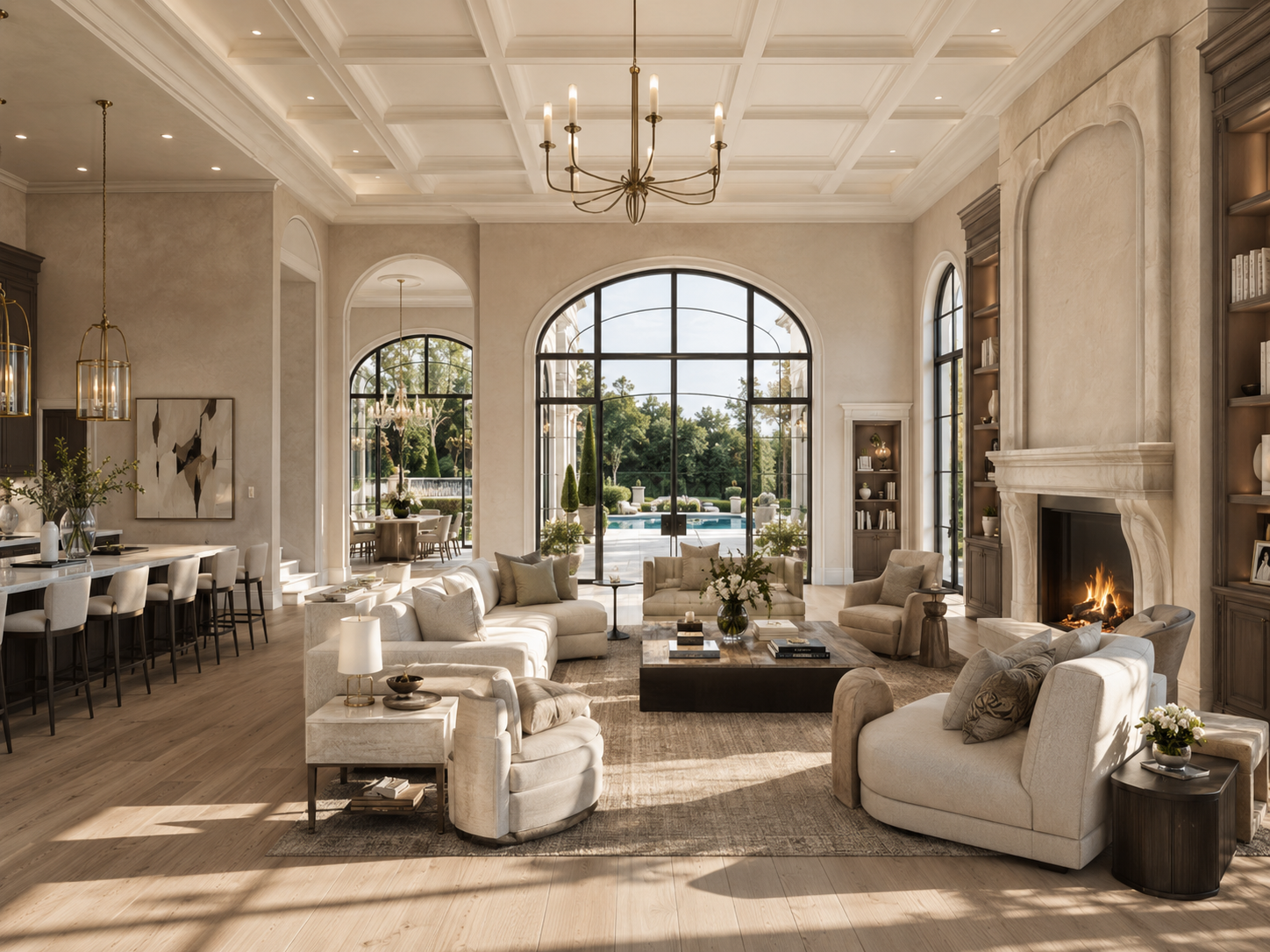 Luxurious living room with large arched windows, cream-colored sofas, armchairs, a marble fireplace with a fire, a wooden coffee table, built-in bookshelves, and elegant decor in neutral tones.