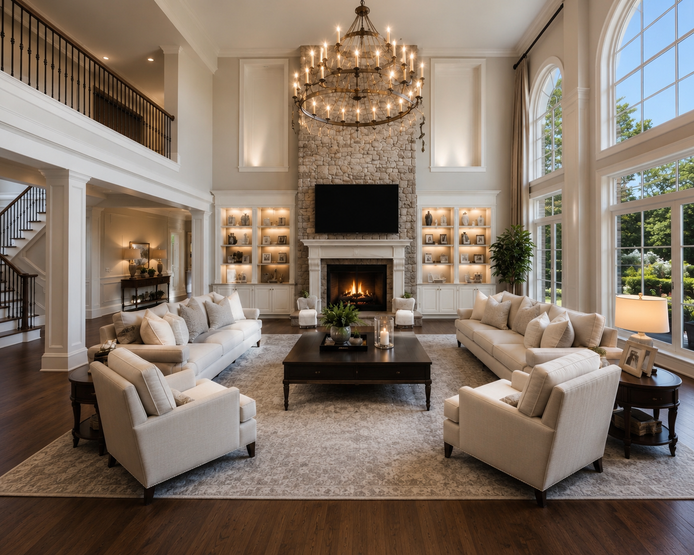 Living room with beige sofas, armchairs, a dark wood coffee table, and a stone fireplace with a mounted TV, large arched windows, a high ceiling with a chandelier, and built-in shelves with decor. Outside greenery visible through windows.