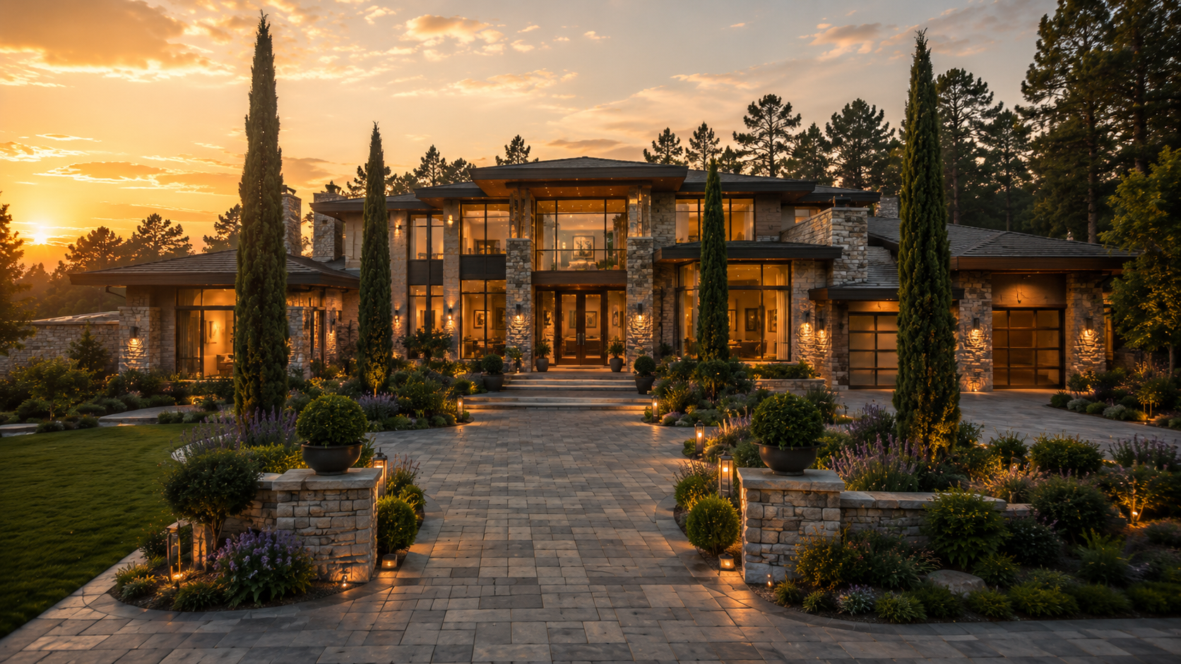 Elegant modern house at sunset with stone exterior, large glass windows, tall cypress trees, and a landscaped front yard featuring potted plants, pathway, flowers, and landscape lighting.