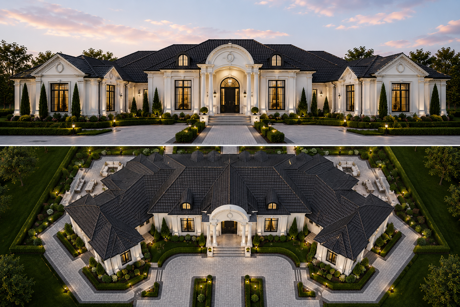 A lavish white mansion with black roof tiles, illuminated outdoor lighting, and a landscaped garden, shown from front and aerial views at sunset.