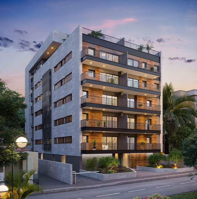 Modern multi-story apartment building with balconies, surrounded by trees at sunset.