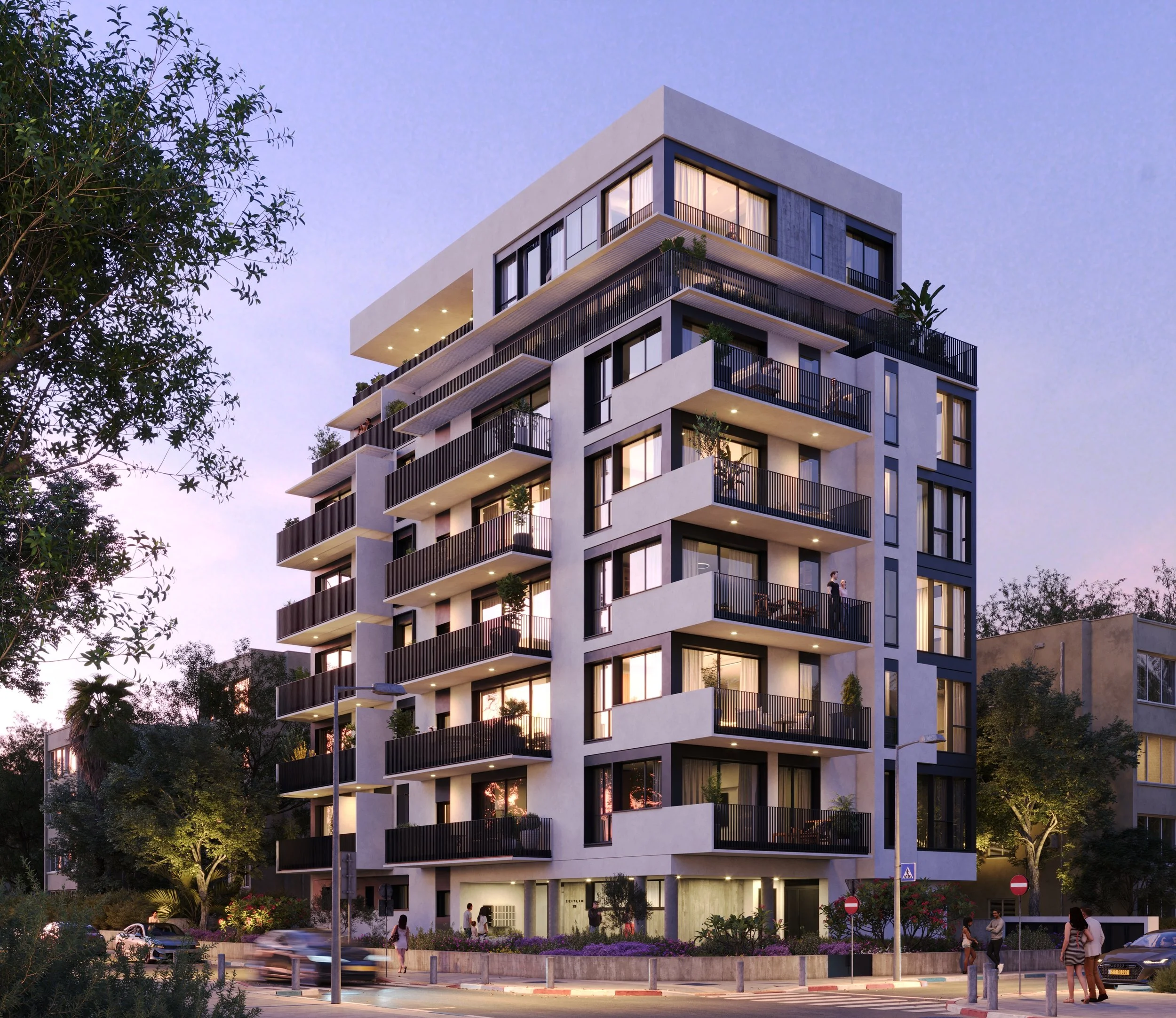 Modern multi-story residential building with glass windows and balconies, surrounded by trees and people walking on the sidewalk at dusk.