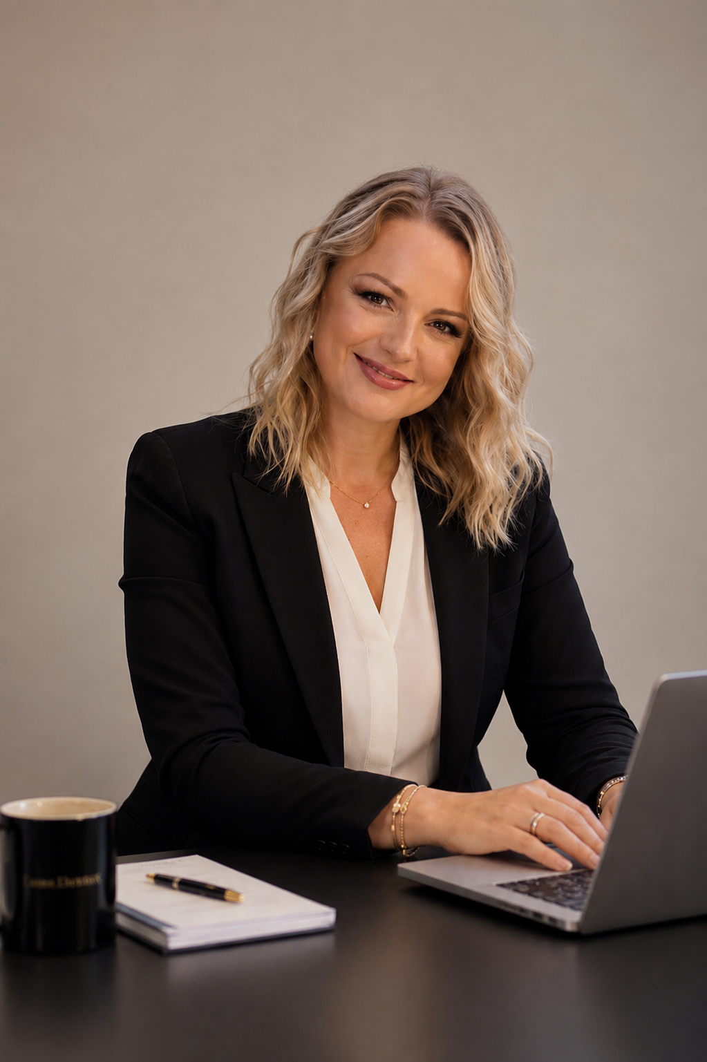 A woman with blonde, wavy hair, wearing a black blazer and white blouse, sits at a desk with a laptop, notepad, pen, and coffee mug, smiling at the camera.