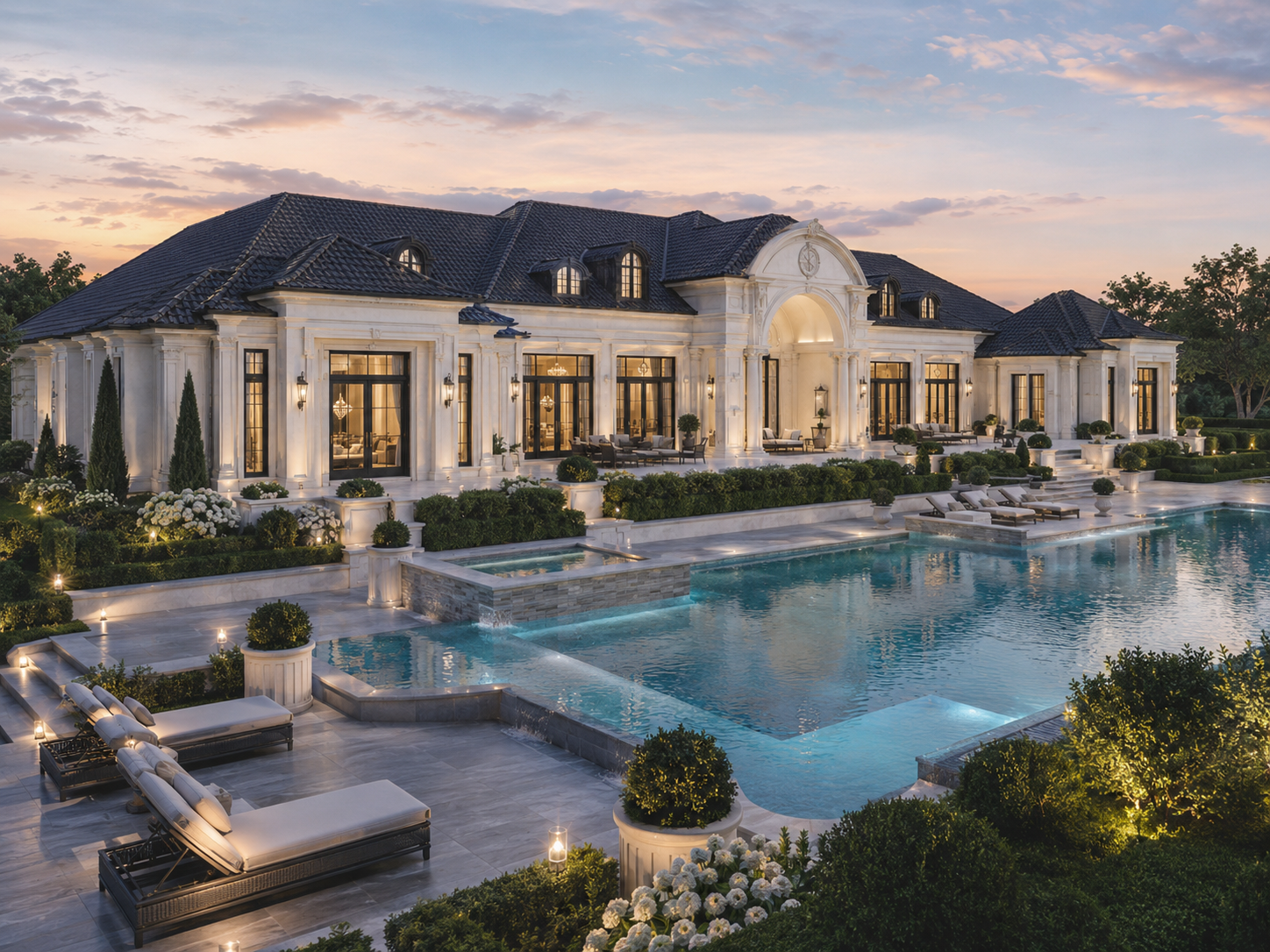 Luxury mansion with a swimming pool and landscaped gardens at sunset