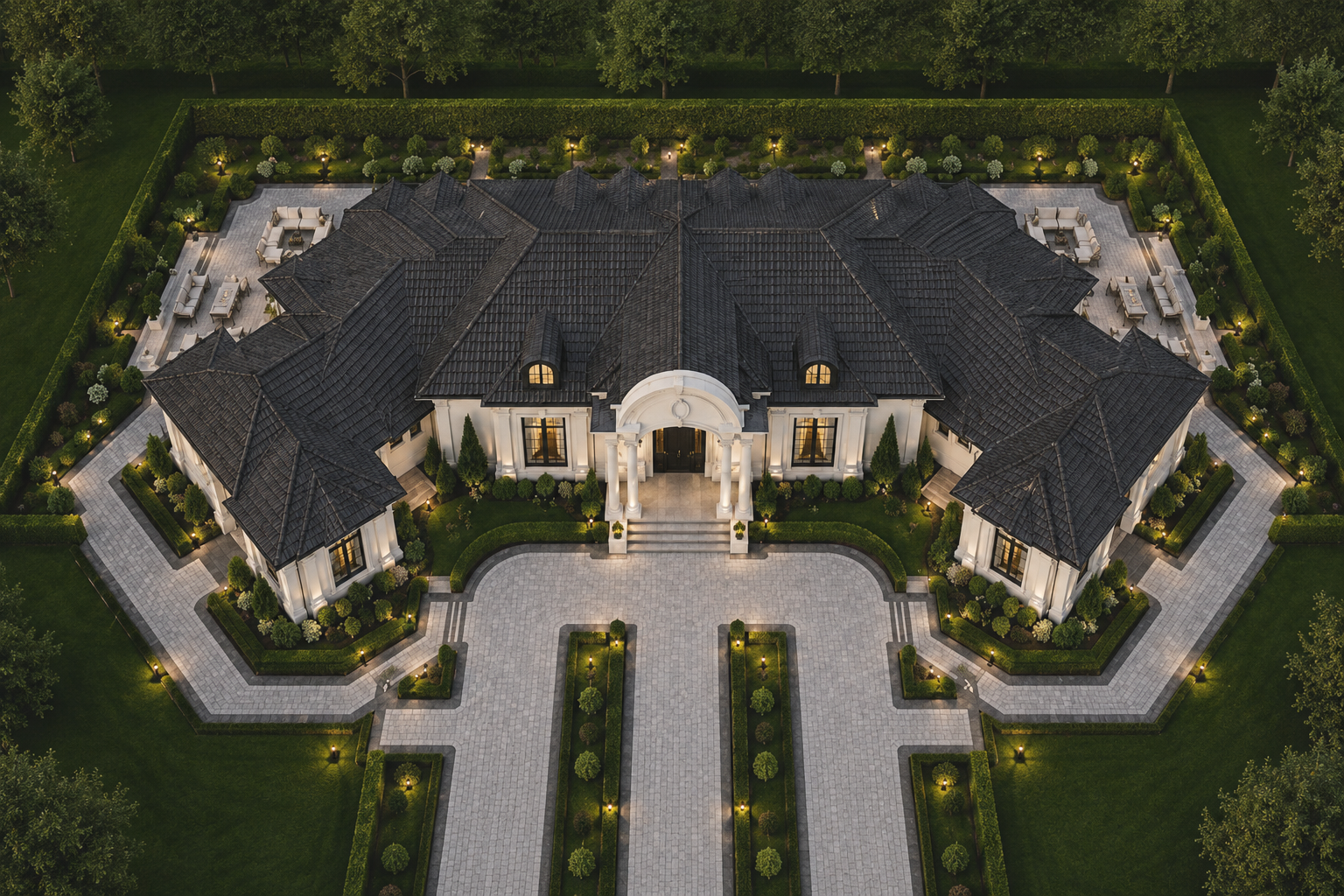 Aerial view of an opulent mansion with a symmetrical design, surrounded by a lush green landscape, paved driveway, and well-manicured gardens illuminated with outdoor lighting at dusk.