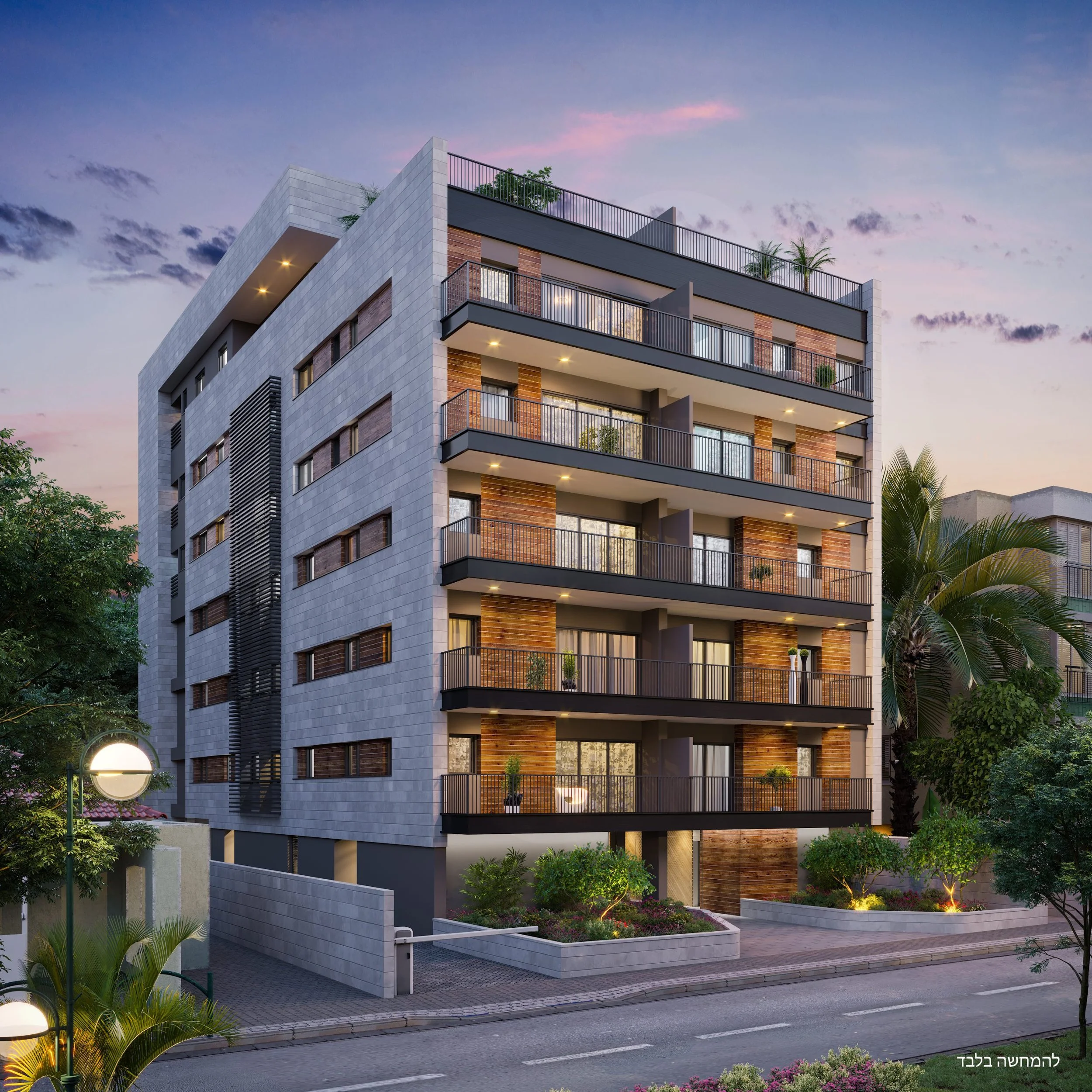 Modern multi-story apartment building with balconies and LED lighting at dusk, surrounded by trees and landscaped gardens.
