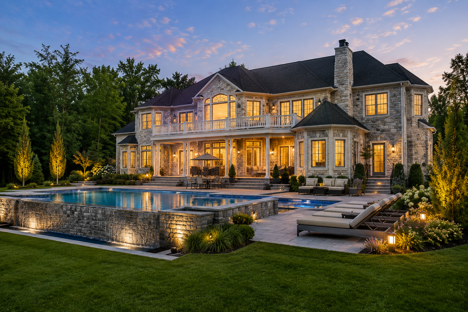 A large stone house with multiple windows illuminated from inside, surrounded by a landscaped yard with a swimming pool and outdoor lounge furniture, during sunset.