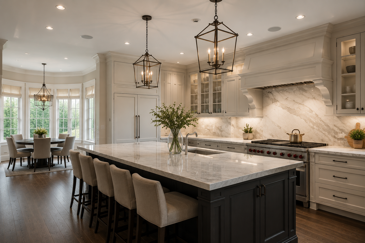A spacious kitchen with a marble island, white cabinets, and pendant lights hanging over the island. Large windows with a dining area in the background.