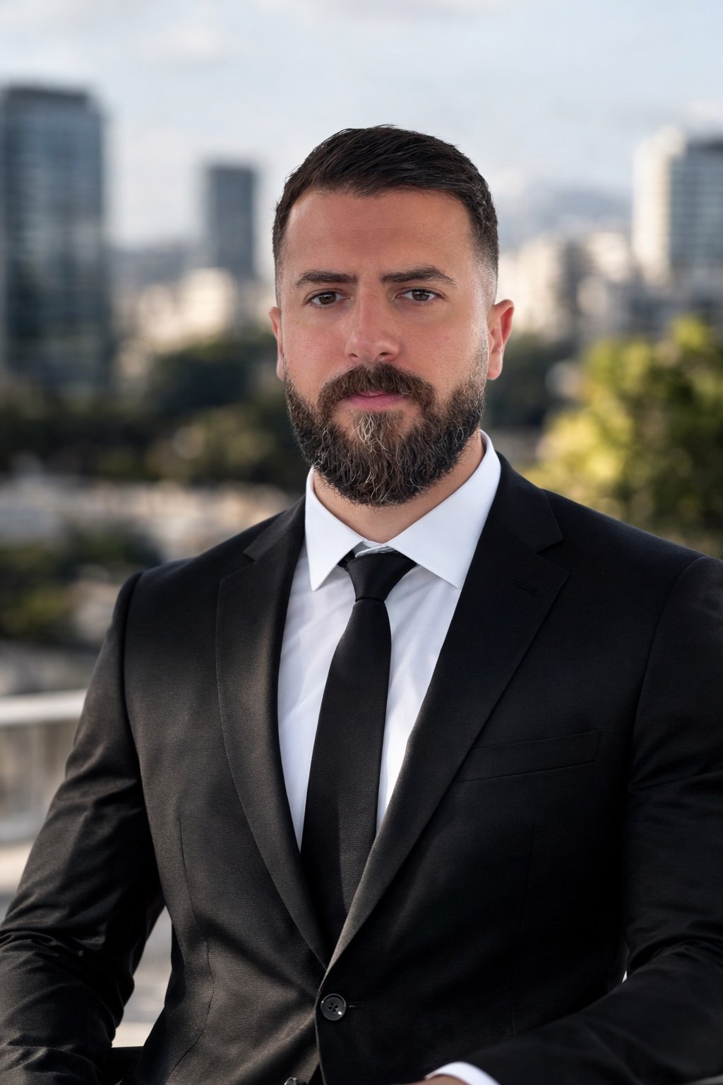 Portrait of a man in a black suit with a white shirt and black tie, standing outdoors with a blurred cityscape in the background.