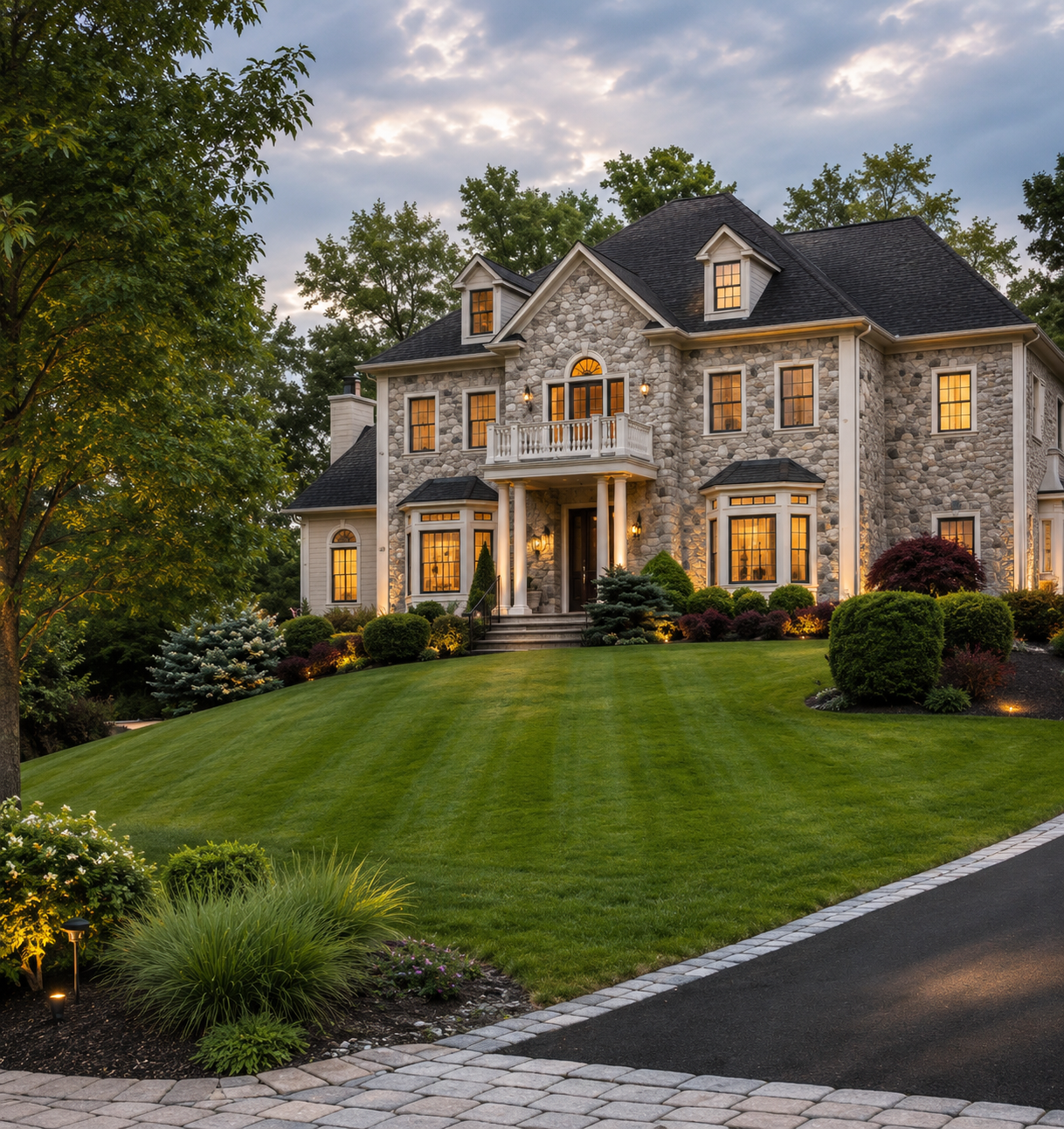 A large stone and stucco house with multiple windows and a front porch, surrounded by well-manicured lawn, shrubs, and trees, illuminated at dusk.