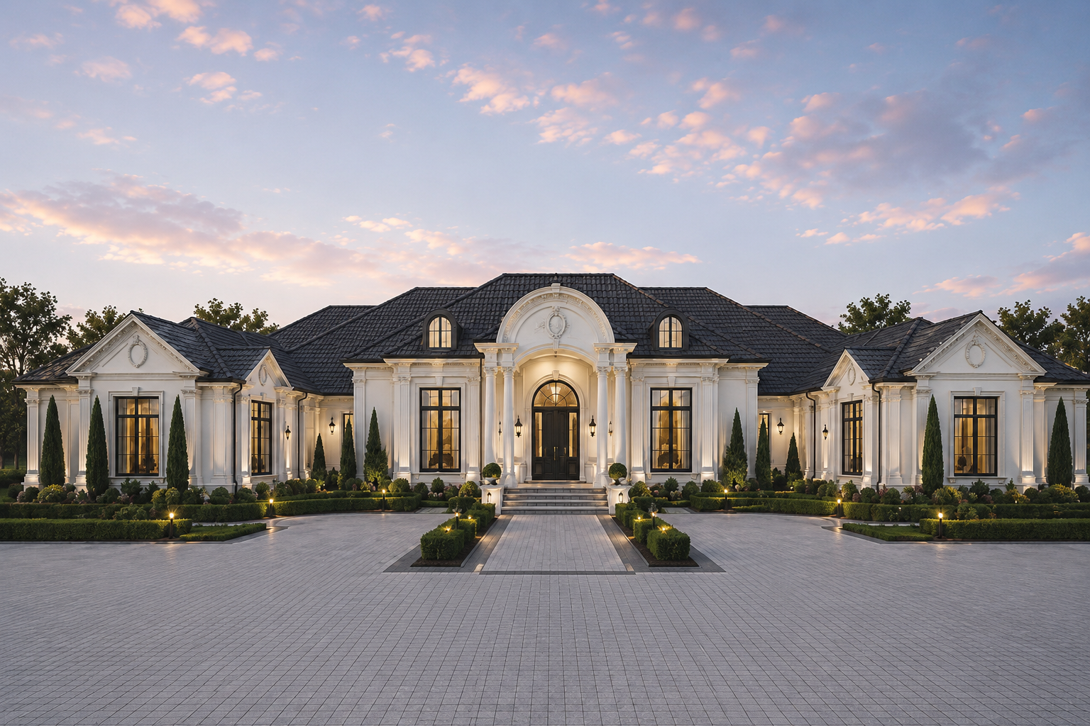 Elegant white mansion with tall windows, black roof, and landscaped front yard illuminated at dusk.