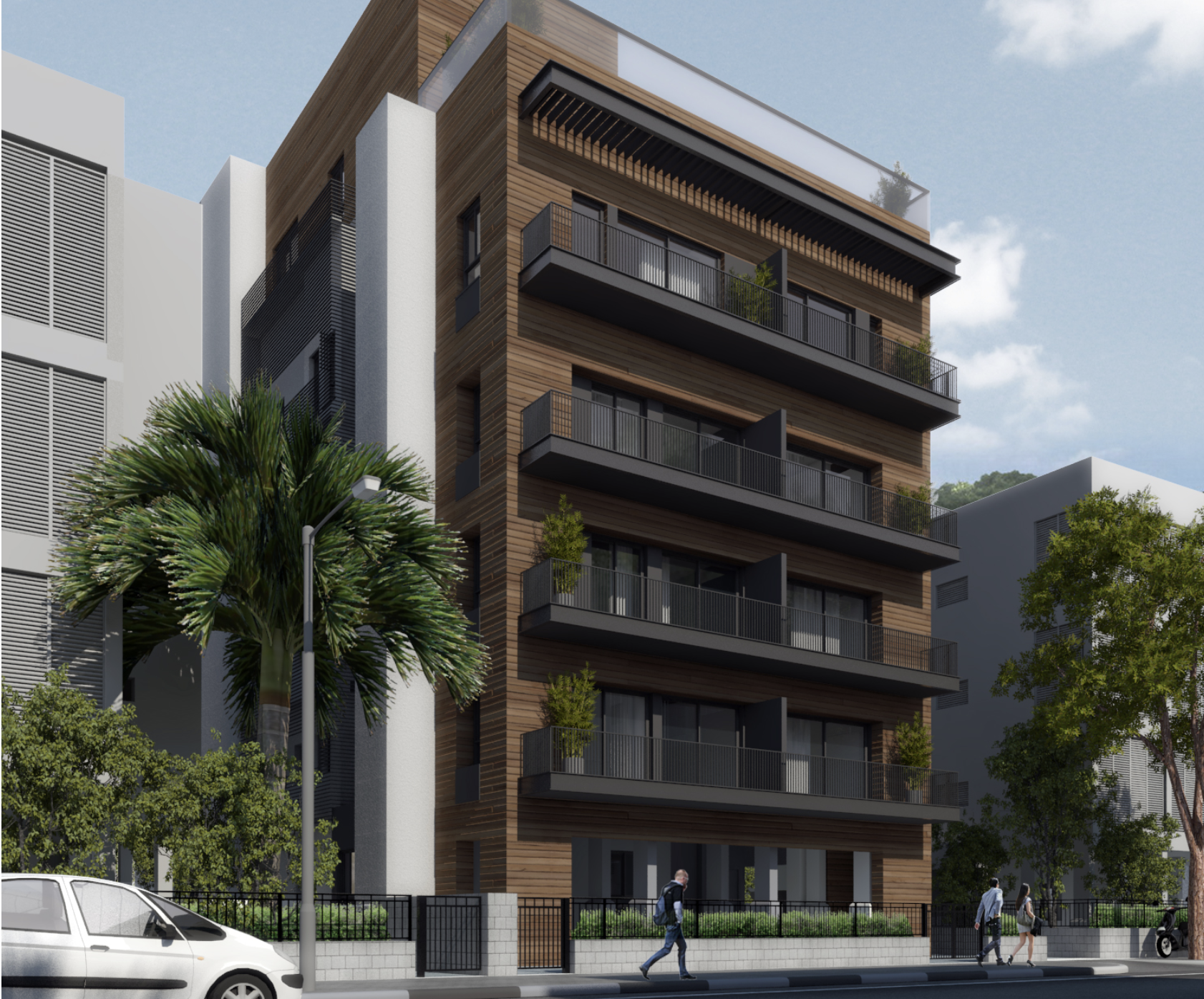 A modern multi-story residential building with wooden and black exterior finishes, featuring large balconies with glass railings and some with potted plants. The building is situated next to a white building with slatted facade elements. There are tr