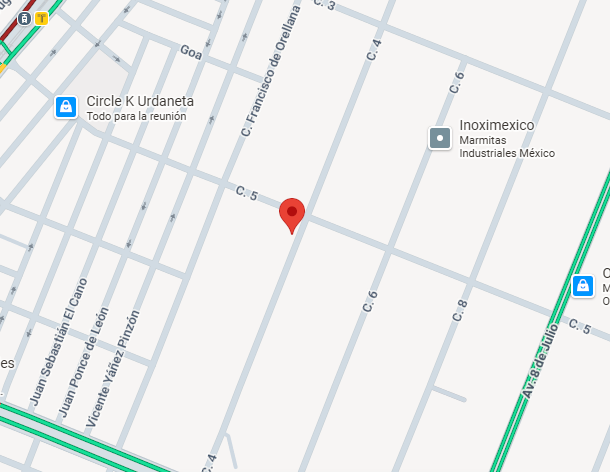 Mapa de una zona urbana con varias calles y negocios, incluyendo Circle K Urdeneta y Inoximexico.