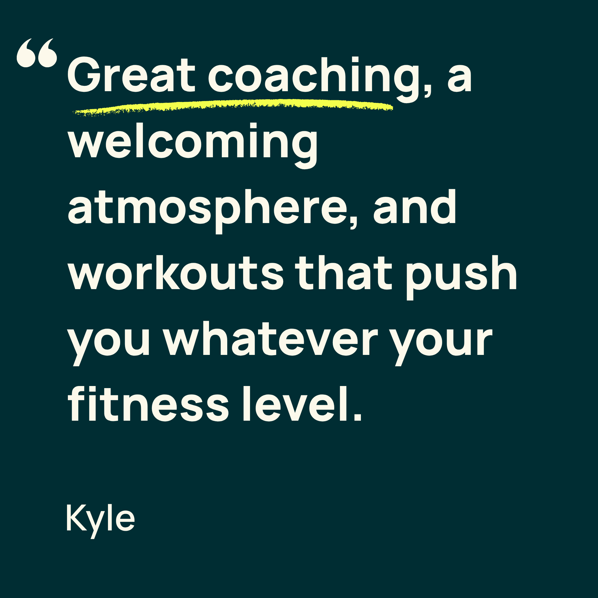 Motivational quote about coaching and fitness over a dark teal background with yellow underline highlighting part of the text.