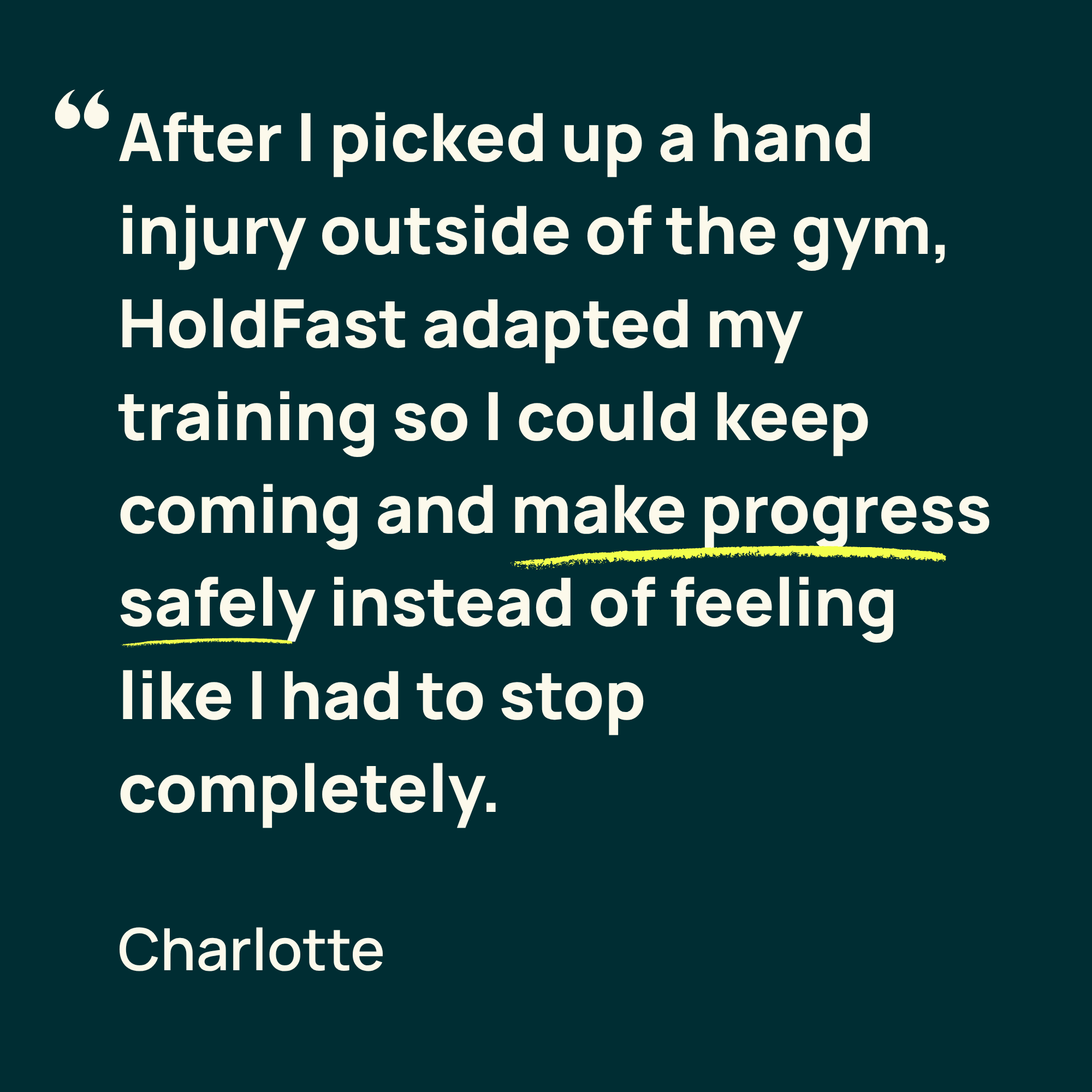 A quote about adapting and training, with the name Charlotte at the bottom, highlighted with a yellow underline.