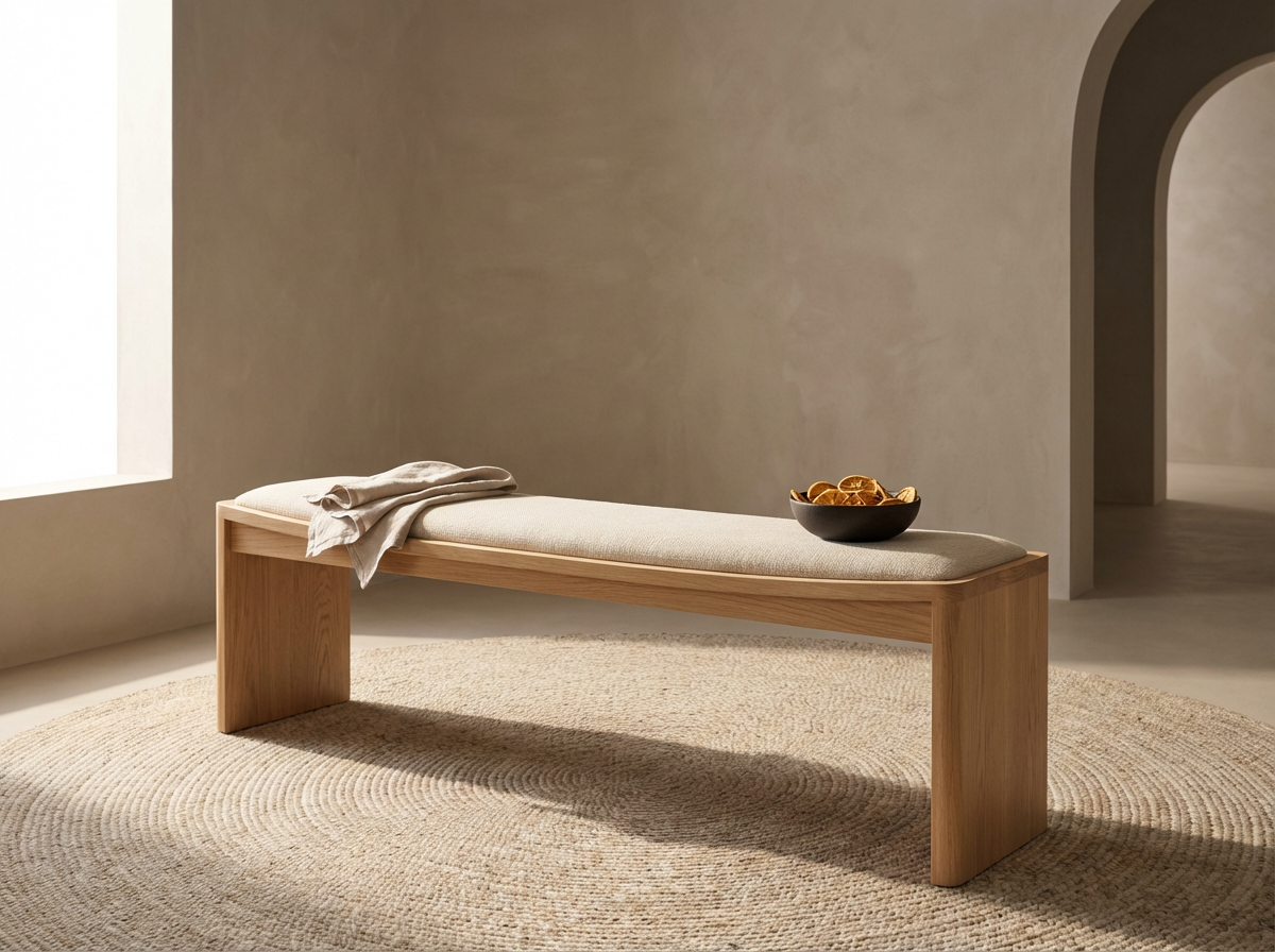 A minimalist wooden bench with beige cushion, a bowl of dried oranges on top, and a light-colored cloth draped over one end, placed on a round woven rug in a neutral-toned room with natural light.