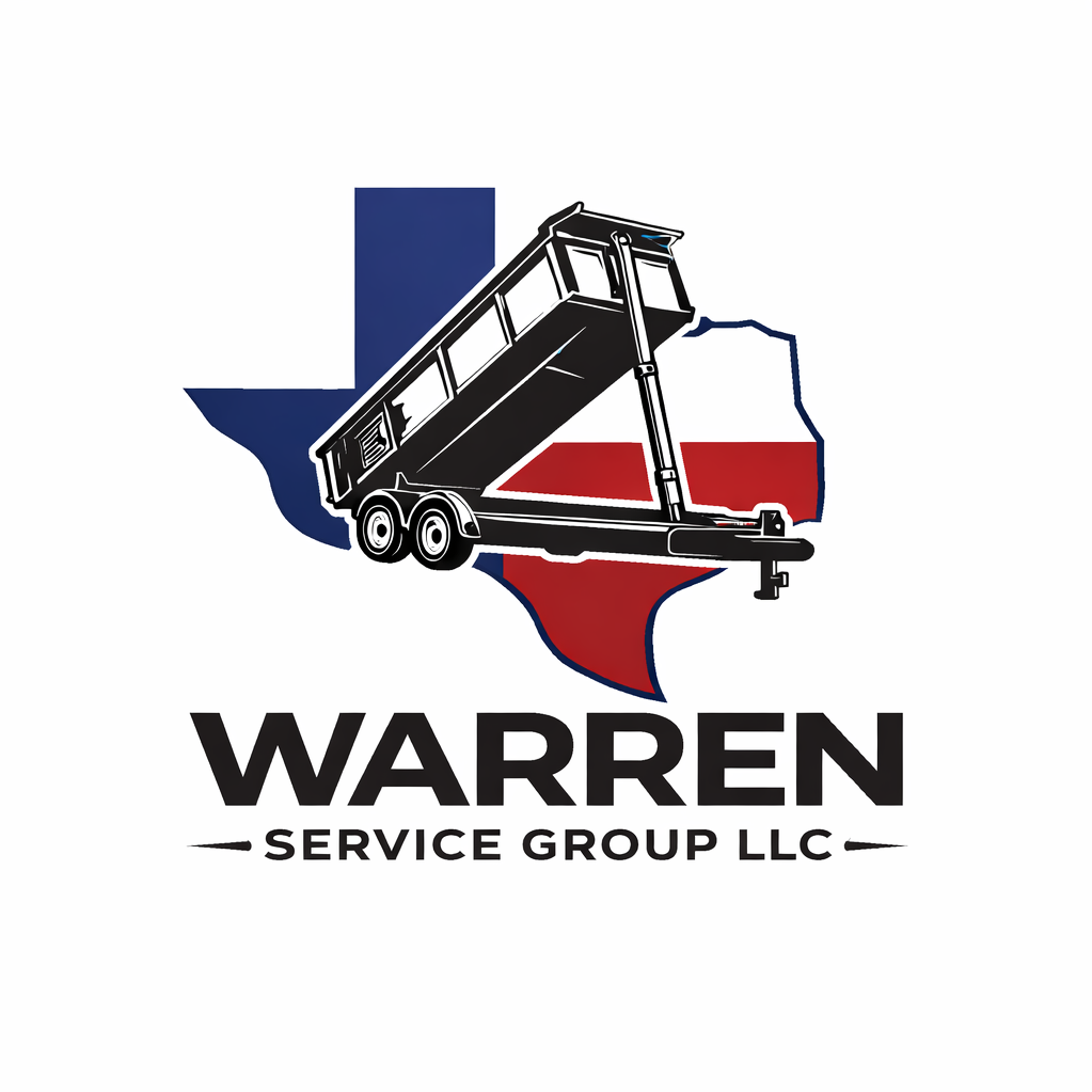 Logo of Warren Service Group LLC featuring a graphic of a dump truck overlaying the outline of the state of Texas, colored in red and blue, with the company name below.