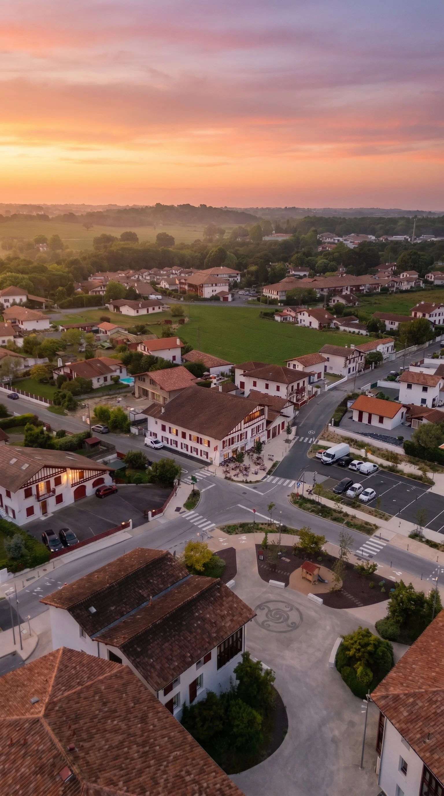 Vue aérienne d'un village résidentiel avec maisons à toits en tuiles rouges, rues pavées, espaces verts et coucher de soleil aux couleurs pastel pink, orange et violet
