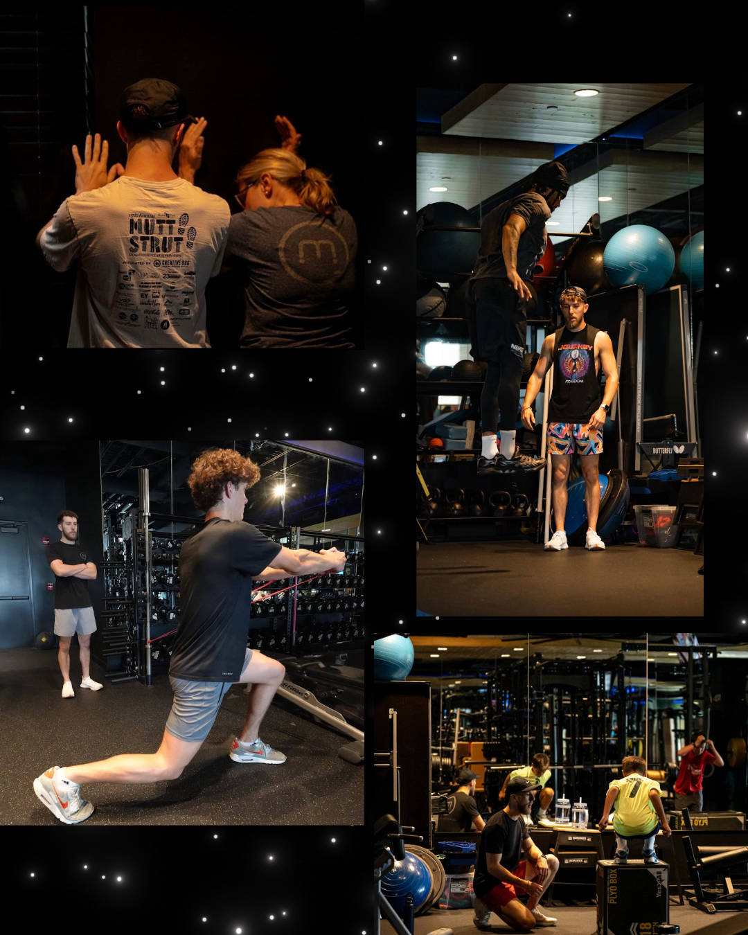 People working out and training at a gym, lifting weights, doing exercises, and using fitness equipment in a fitness center.
