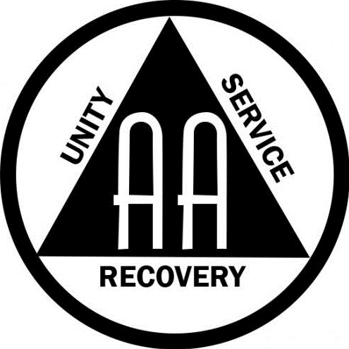 Black and white logo with a circle, containing a triangle with the words Unity, Service, and Recovery around it, and AA in the center.