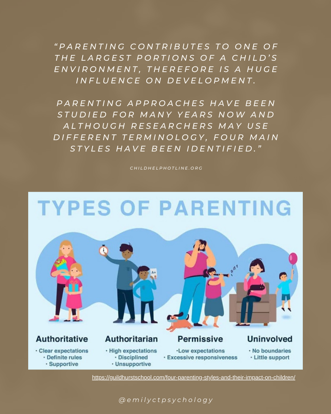 Types of parenting: authoritative, authoritarian, permissive, uninvolved.