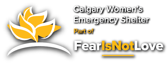 Calgary Women's Emergency Shelter logo with a gold flower, white and gold text reading 'Calgary Women's Emergency Shelter, Part of FearIsNotLove', on a black background.