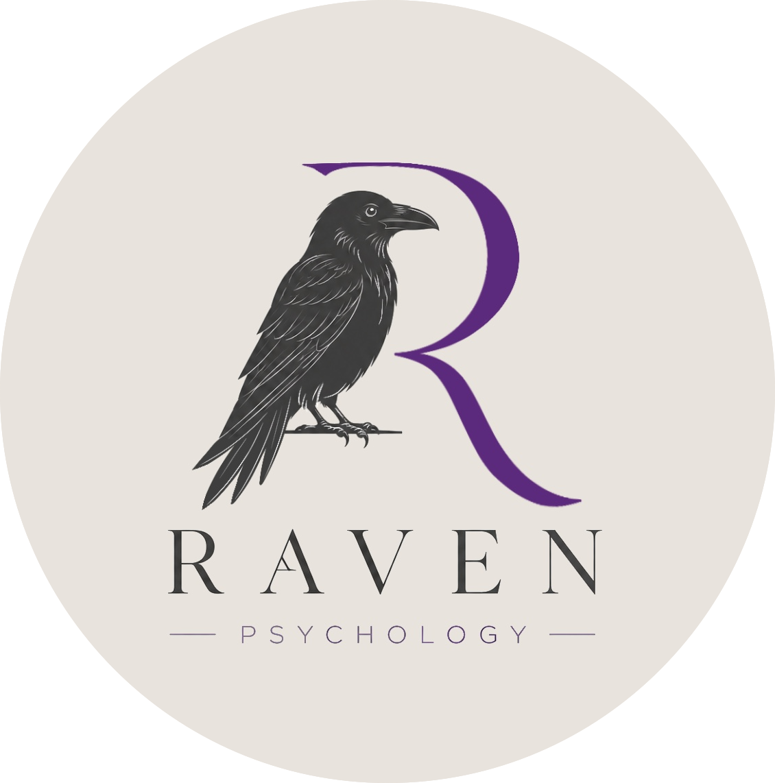 Logo for Raven Psychology featuring a black raven perched on a branch, with a large purple letter R above the word 'Raven' and the word 'Psychology' below, set against a light background.