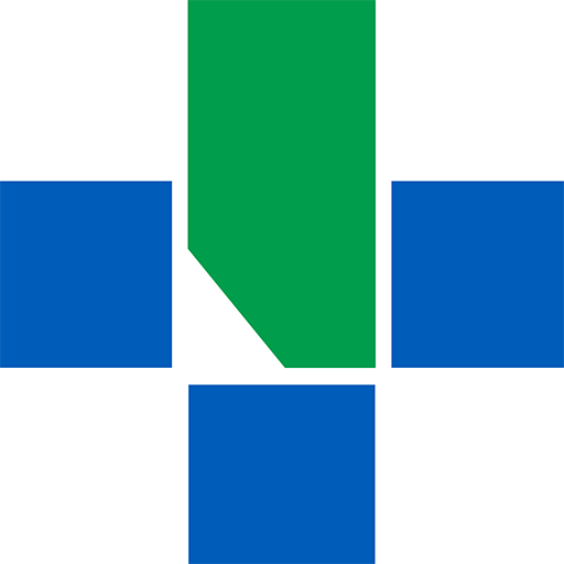 A geometric design with a green downward-pointing triangle in the center, flanked by two blue squares on the sides, and a white background.