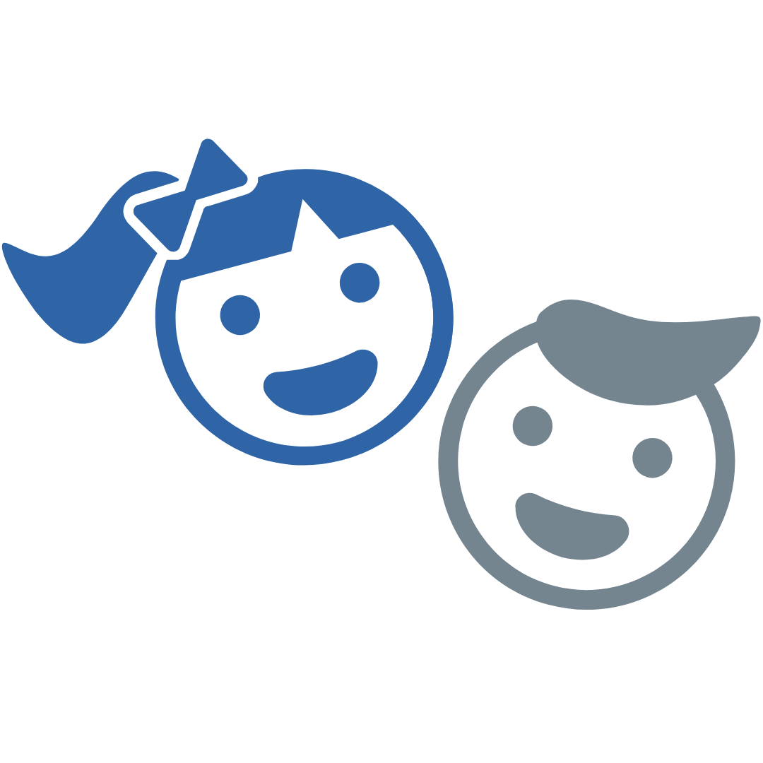 Two smiley face icons of children, one in blue with a bow and one gray.
