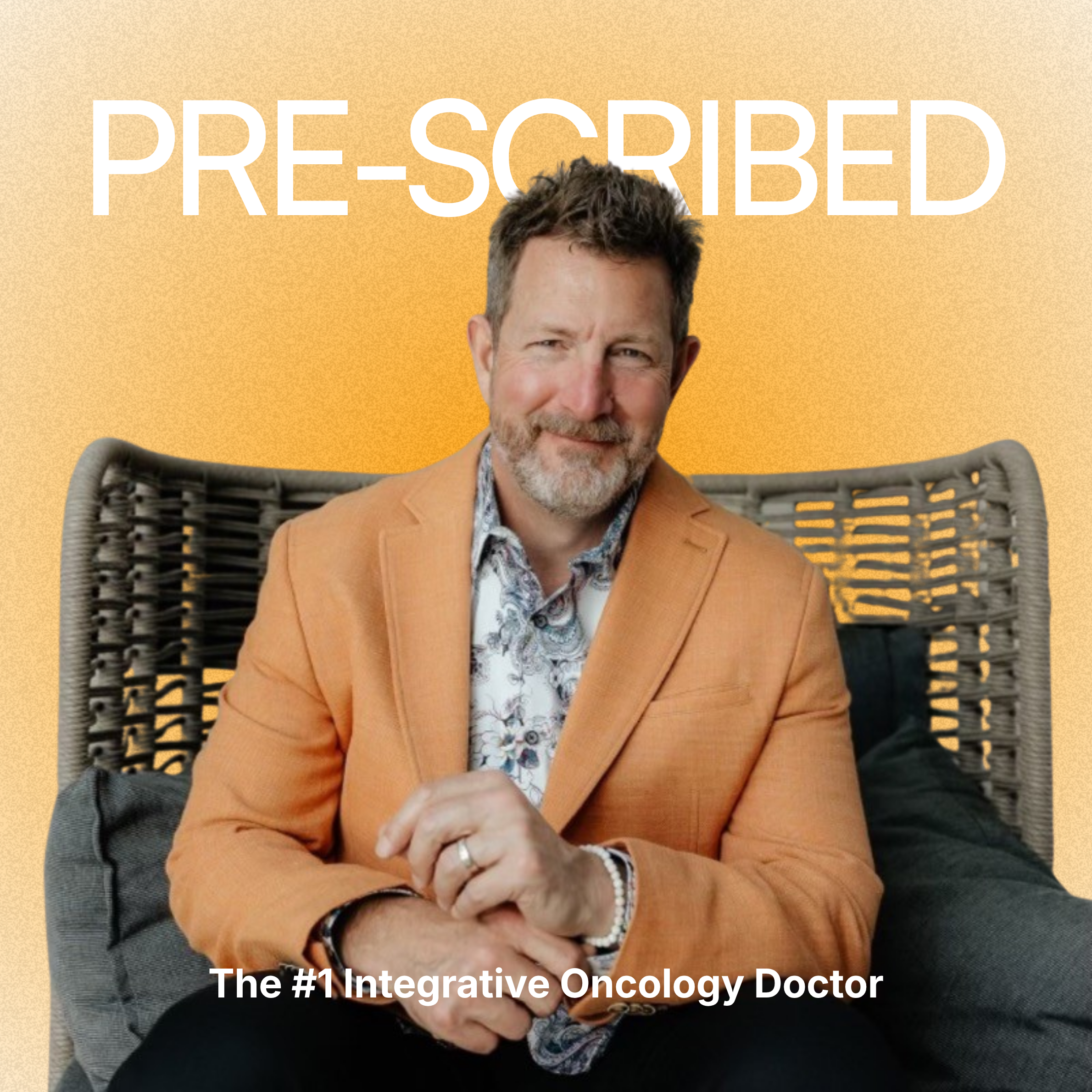 A man with dark hair and a beard, wearing a light brown jacket and colorful shirt, sitting in a wicker chair, with the text "The #1 Integrative Oncology Doctor" overlayed on the image.