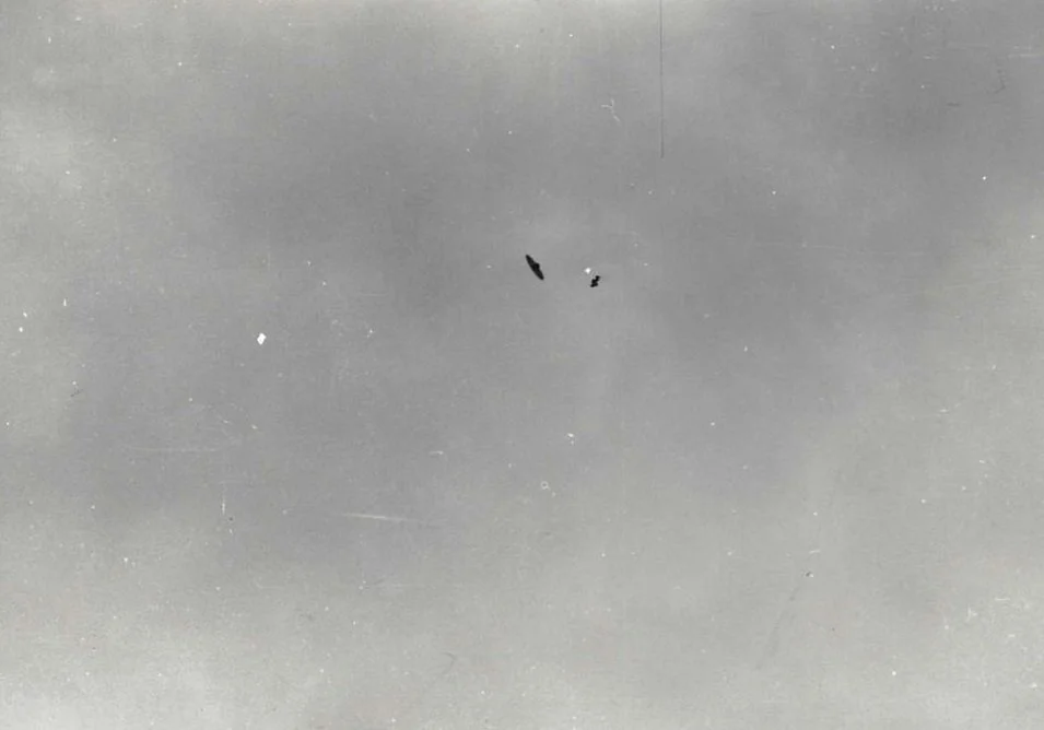 Black shape in the sky resembling an aircraft or object in flight.