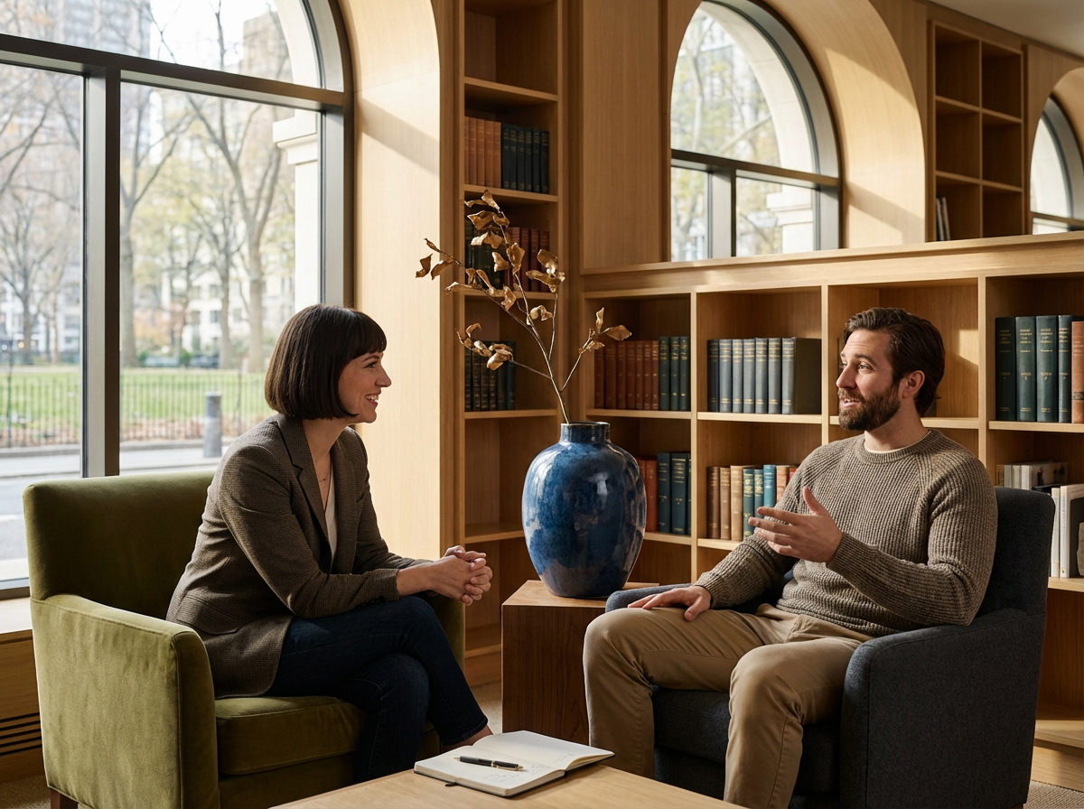 A woman and a man are having a conversation in a cozy room with large arched windows, wooden bookshelves, and a table with a blue vase and dried leaves between them.
