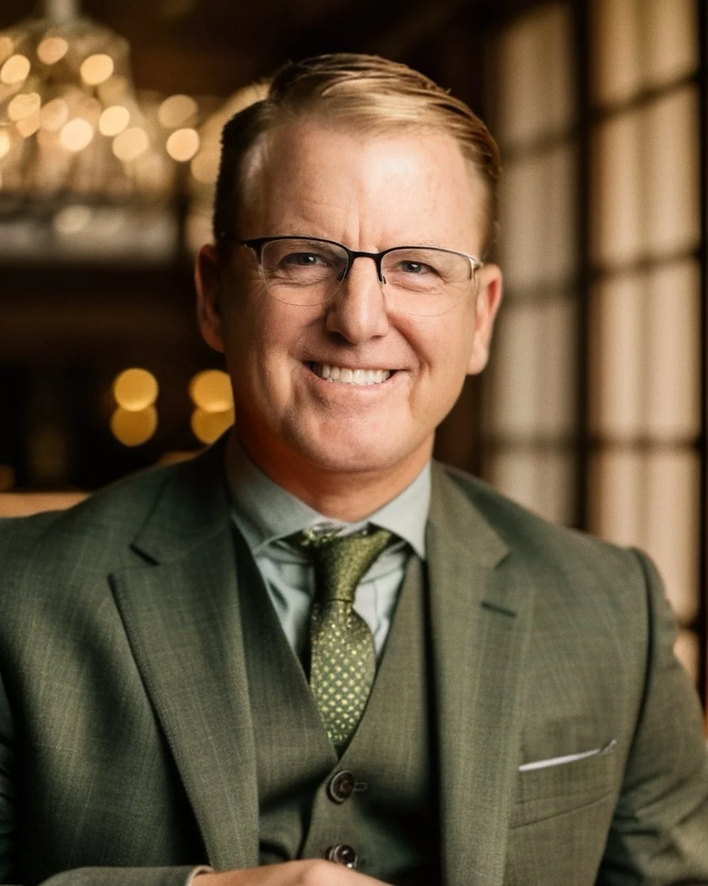 A smiling man wearing glasses, a green suit, and a green tie, seated indoors with warm lighting and blurred background.