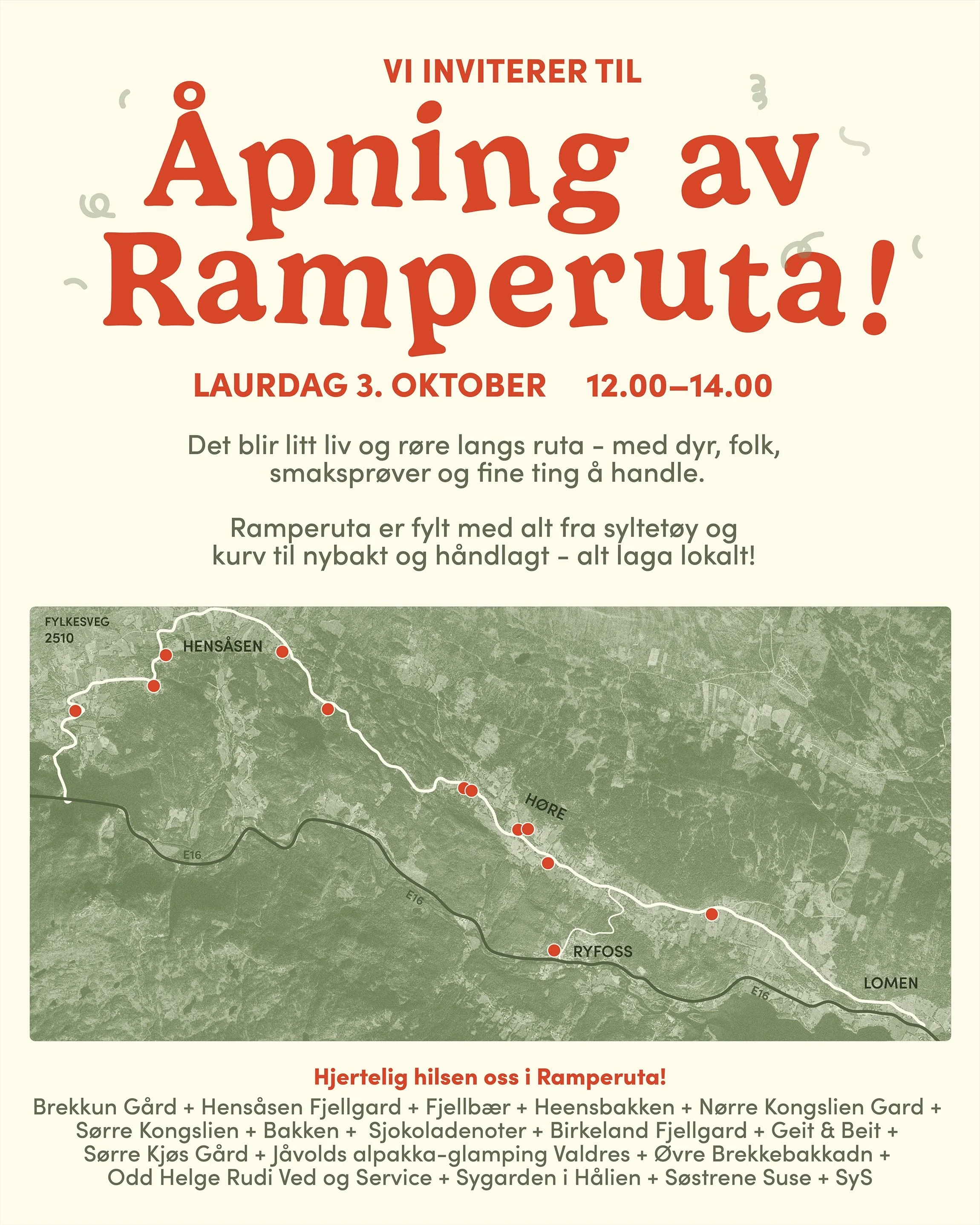 3. oktober kl 12&ndash;14.00 feirer vi &aring;pningen av Ramperuta! ❤️

Vi h&aring;per &aring; se b&aring;de sambygdinger, nabobygdinger, hyttebygdinger og andrebygdinger. Ta deg turen langs Fylkesveg 2510 + Ryfoss, hils p&aring; litt folk og fe og k