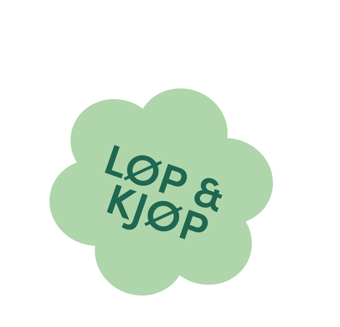 En grønn værsågod-blomst med teksten "LØP & KJØP" i midten.