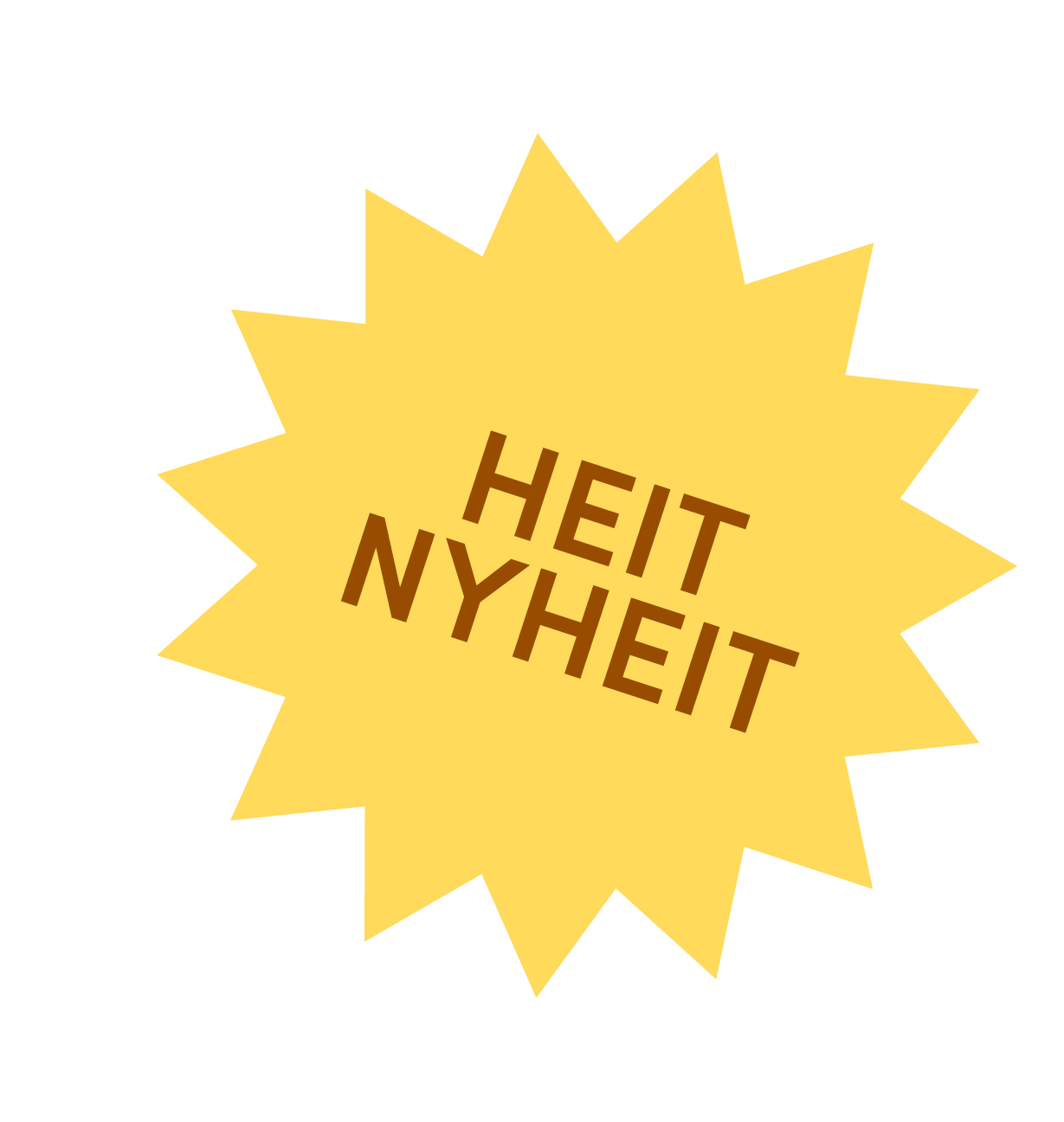 Gul stjerne med teksten "HEIT NYHEIT" i midten.