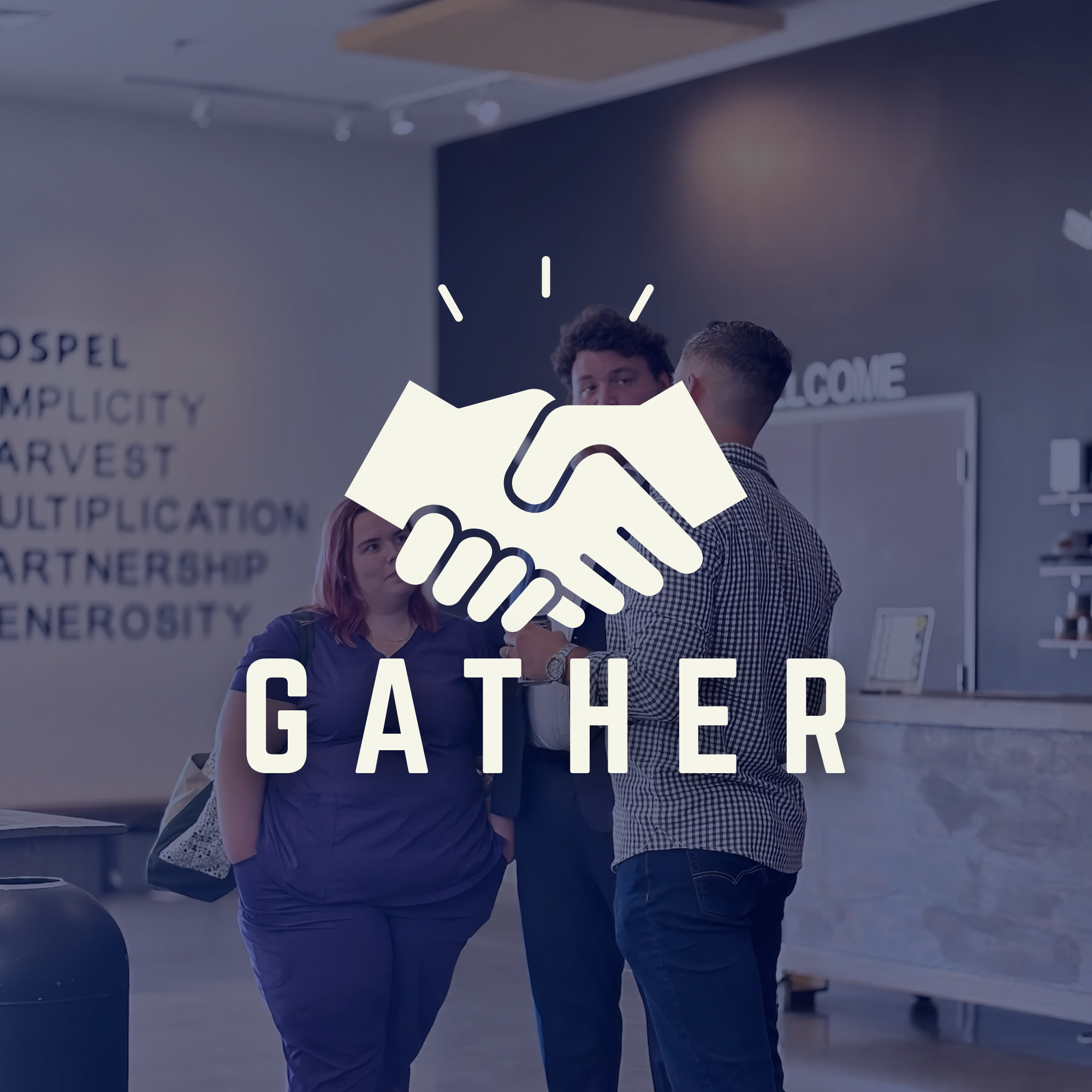 People at an indoor event, handshake icon overlay with text promoting a fall 2026 launch event.