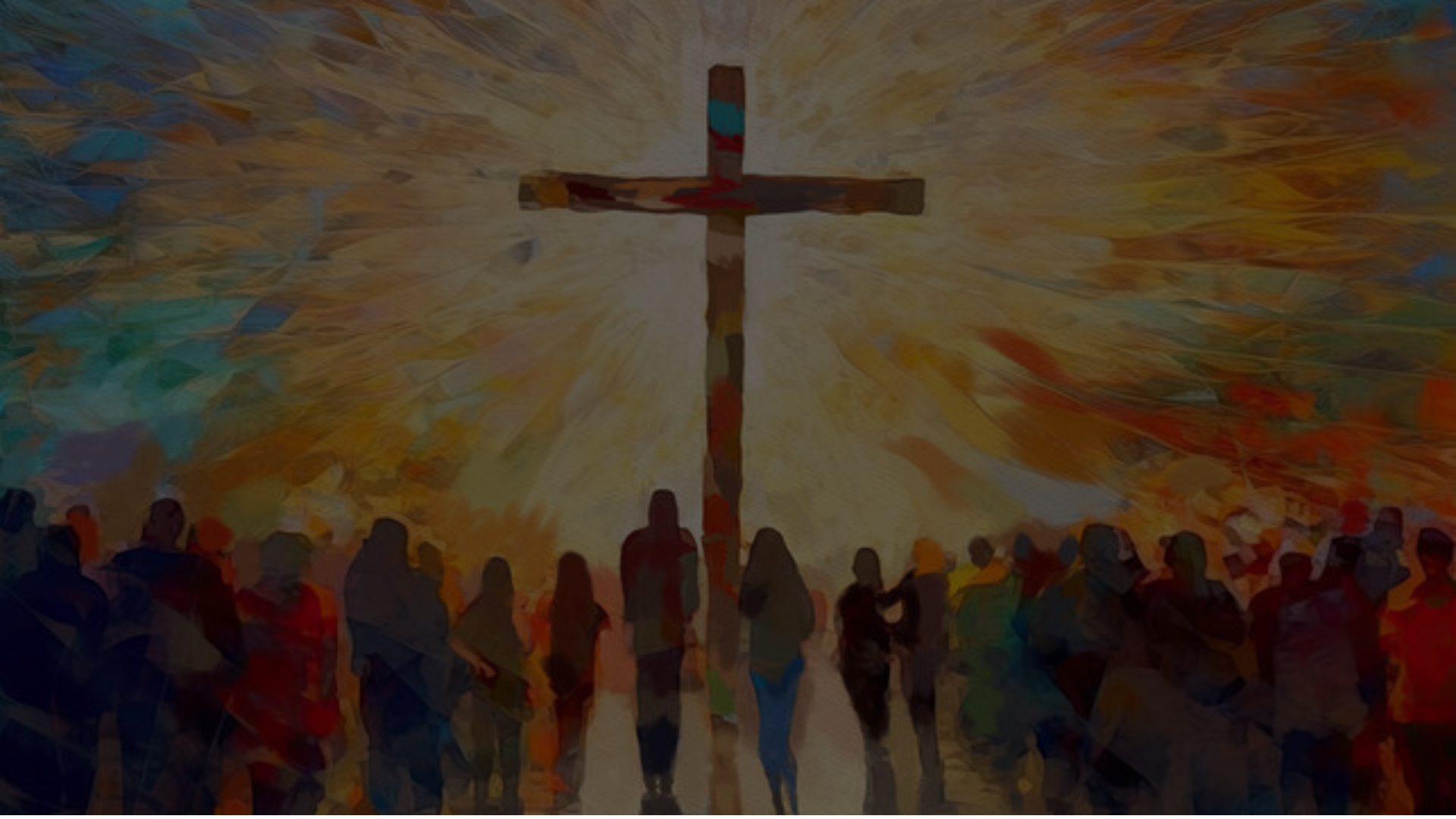 An artistic depiction of a large cross with people gathered at its base, with vibrant, abstract background art radiating outward.